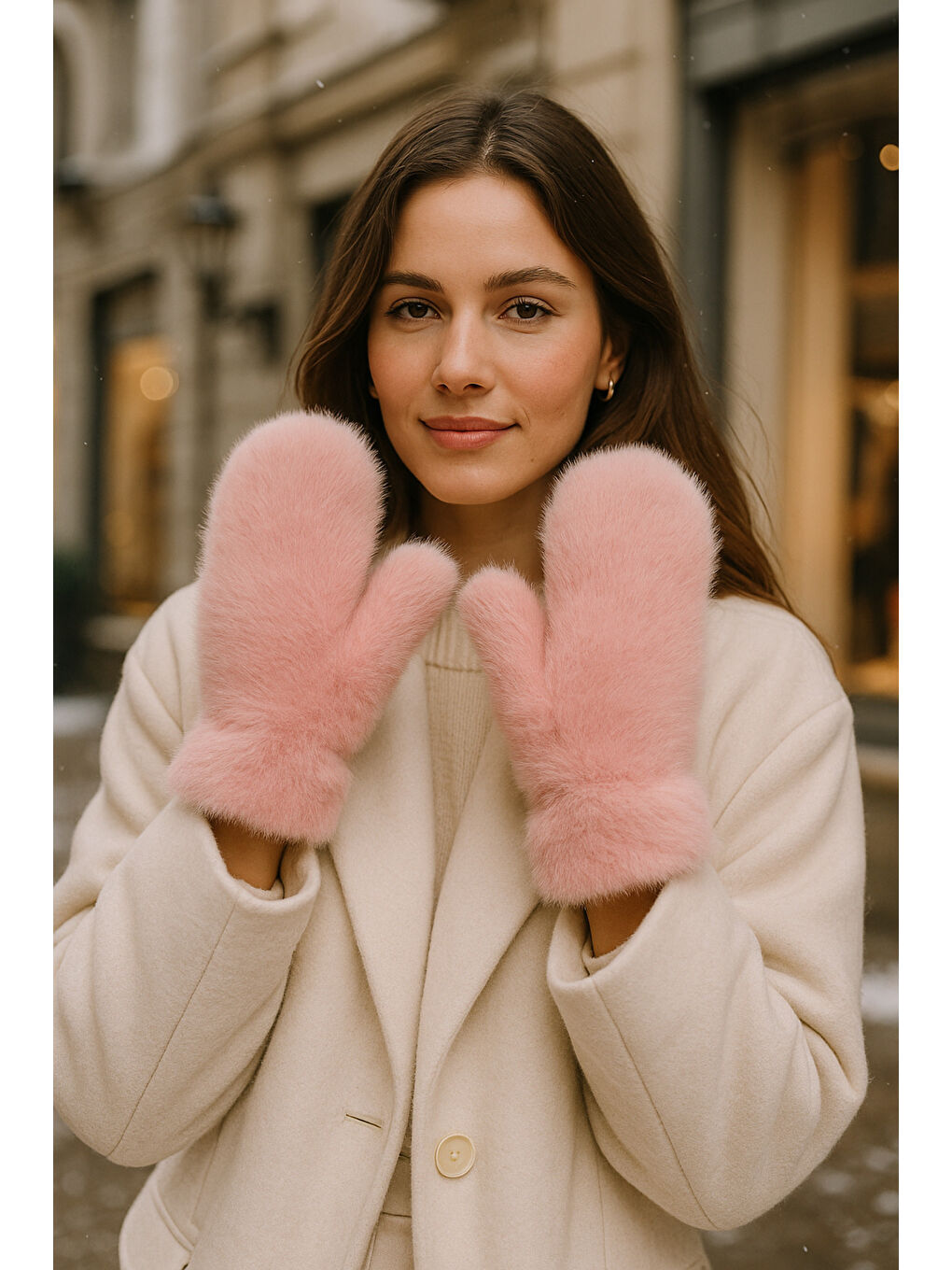 Pembe Kadın Pudra Pelüş Eldiven ELD32-3