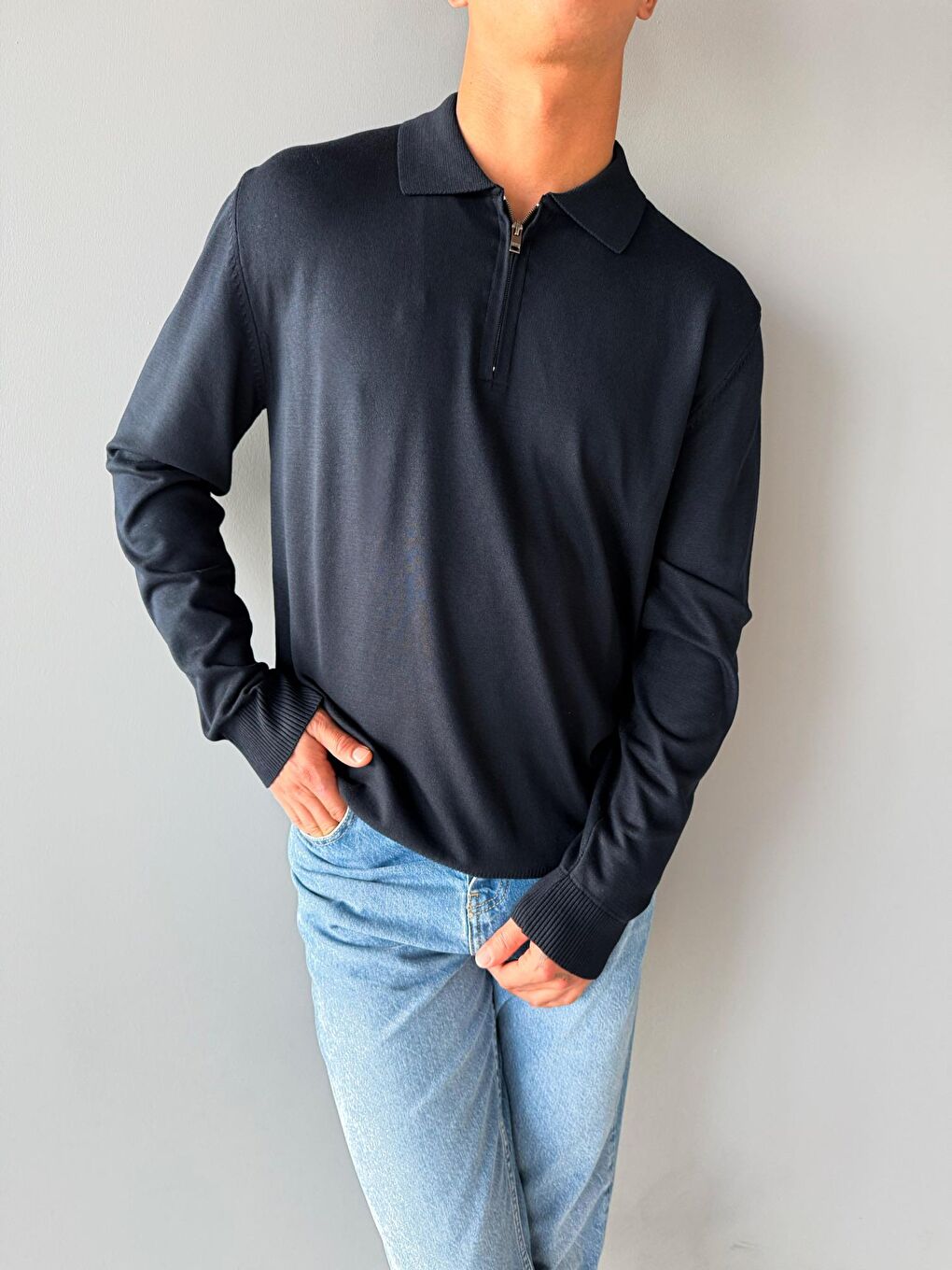 Erkek Yarım Fermuarlı Polo Yaka Triko Kazak Lacivert-1