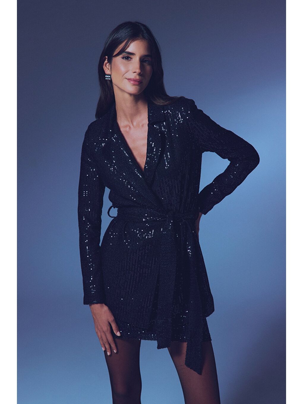 Kuşaklı Payet Ceket - Siyah-3