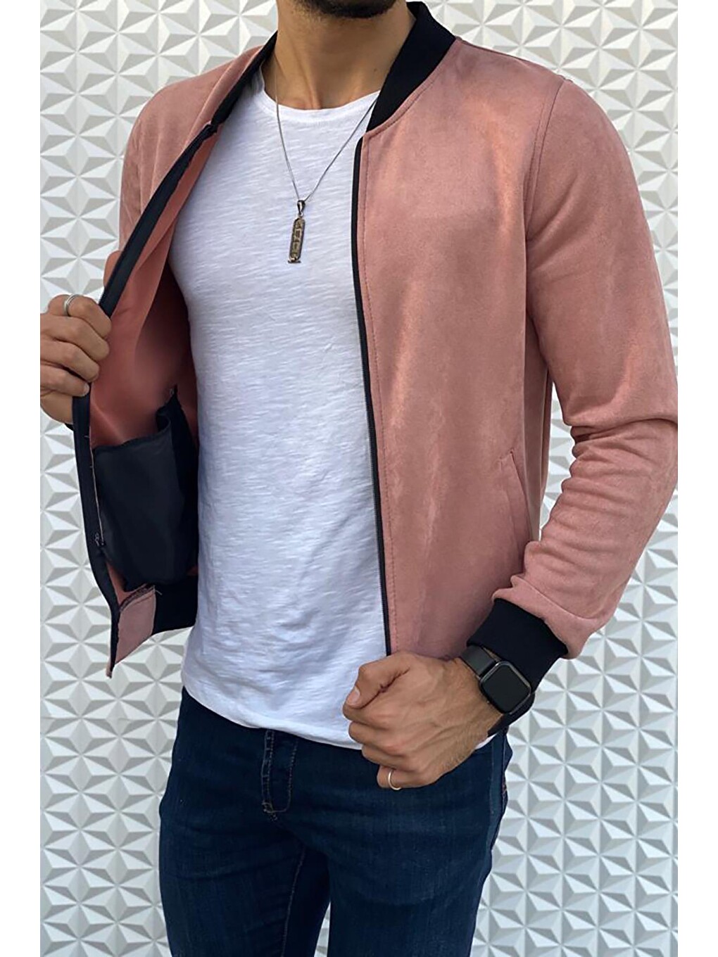Pembe Eddy Extra Slim Fit Mevsimlik Erkek Süet Ceket-1