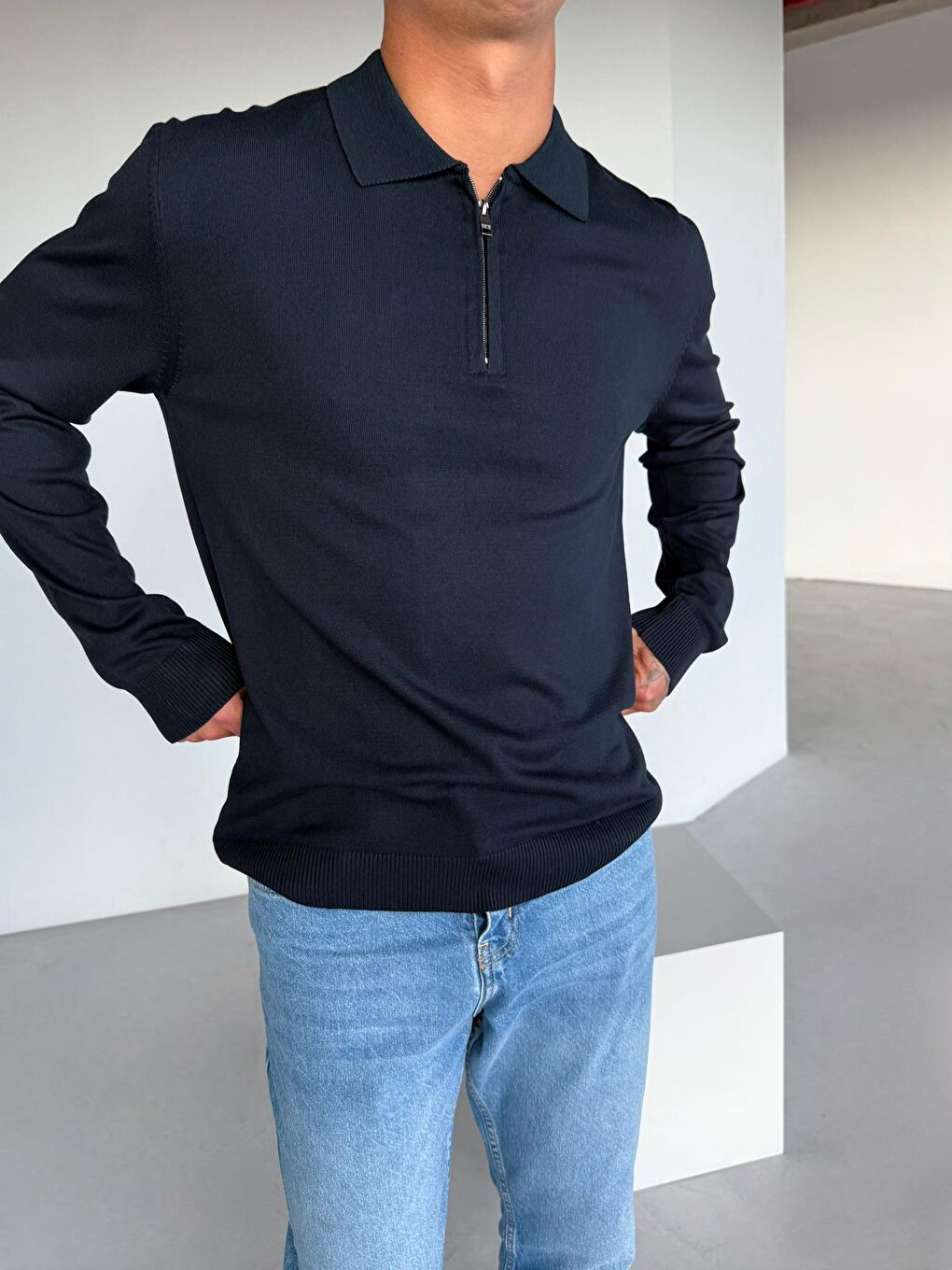 Erkek Yarım Fermuarlı Polo Yaka Triko Kazak Lacivert-2