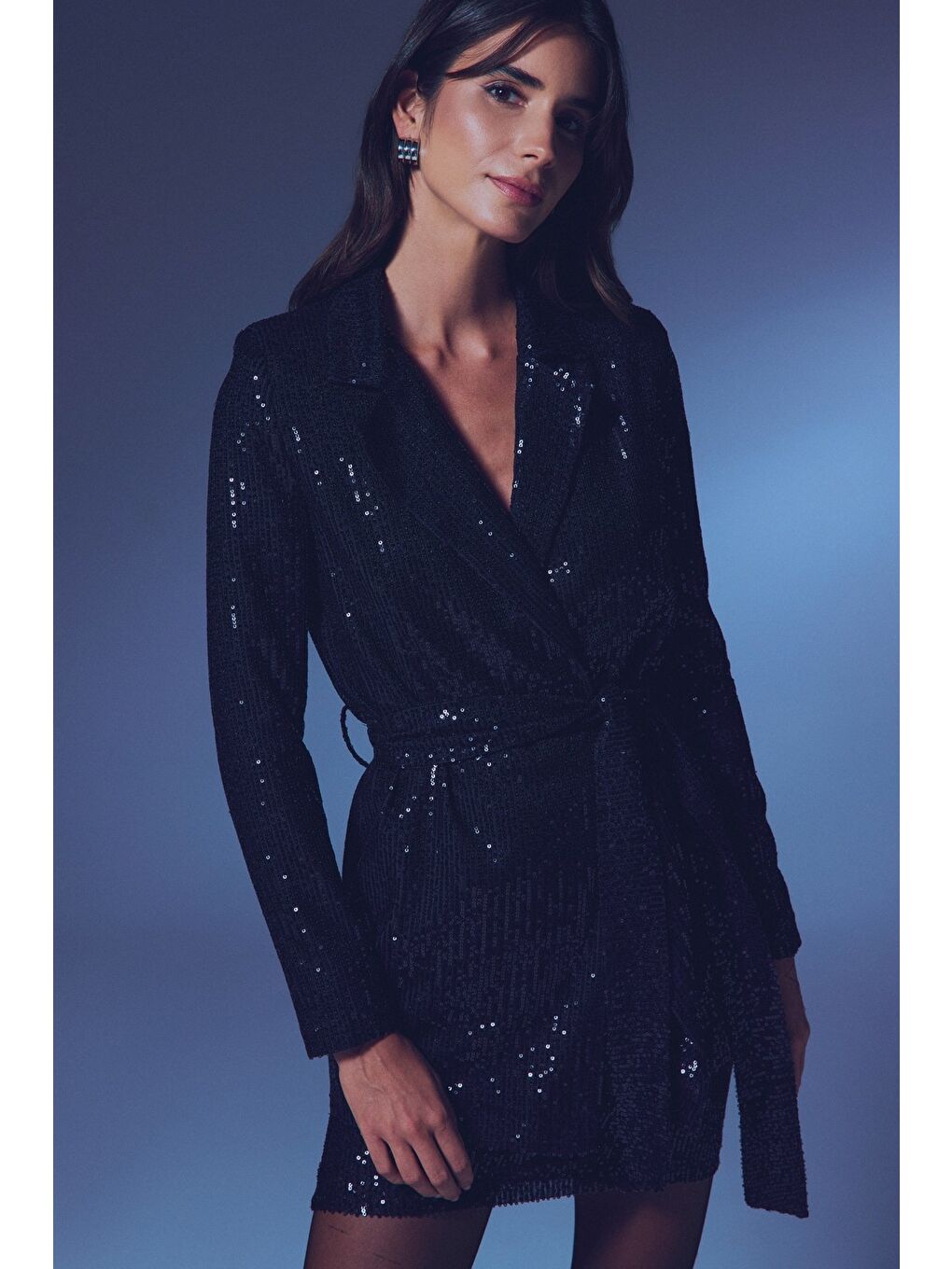 Kuşaklı Payet Ceket - Siyah-5