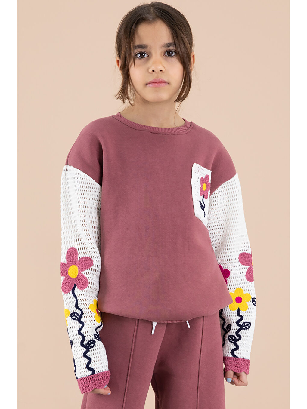 Pembe Gül Kurusu Çiçek Nakışlı Örgülü Kol Kız Çocuk Şardonlu Eşofman Takımı 20253-3