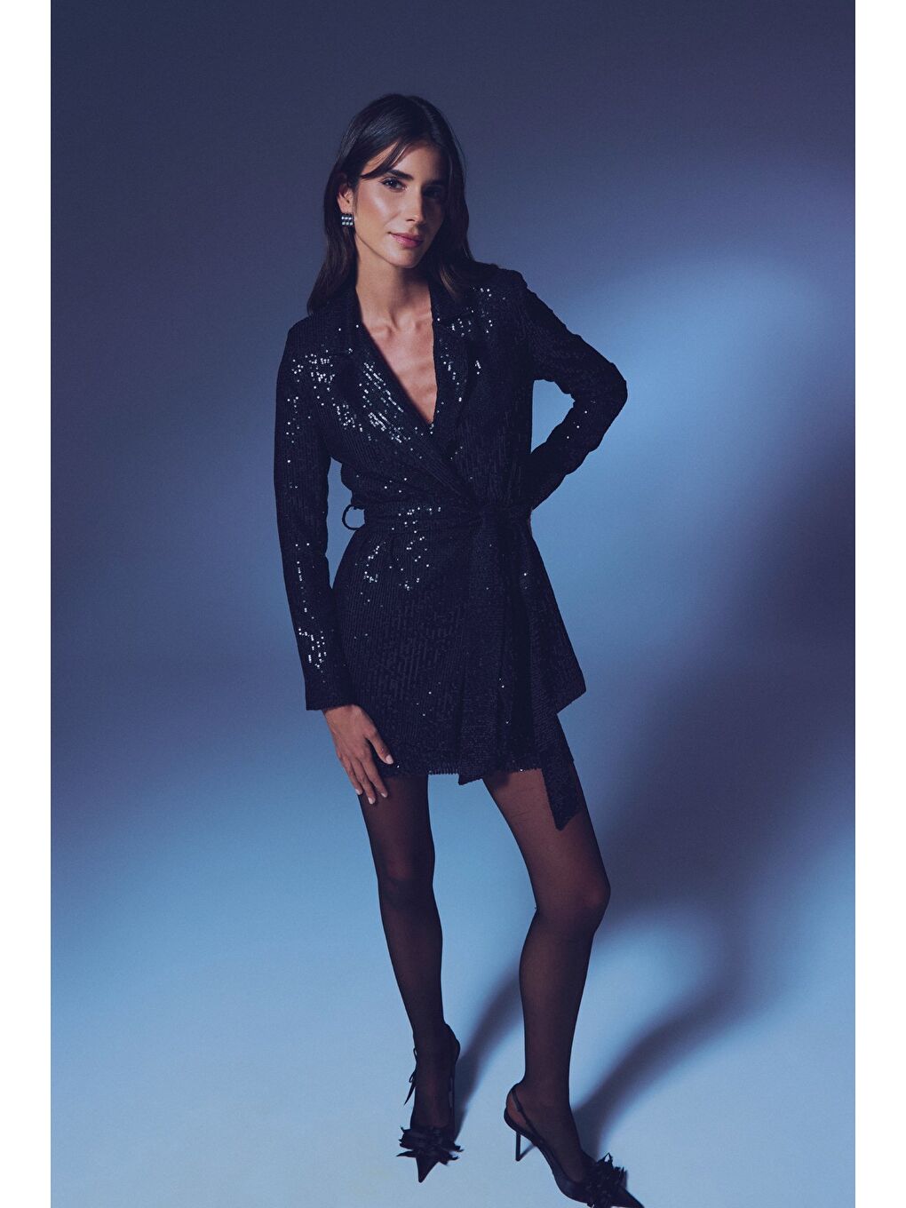 Kuşaklı Payet Ceket - Siyah-7