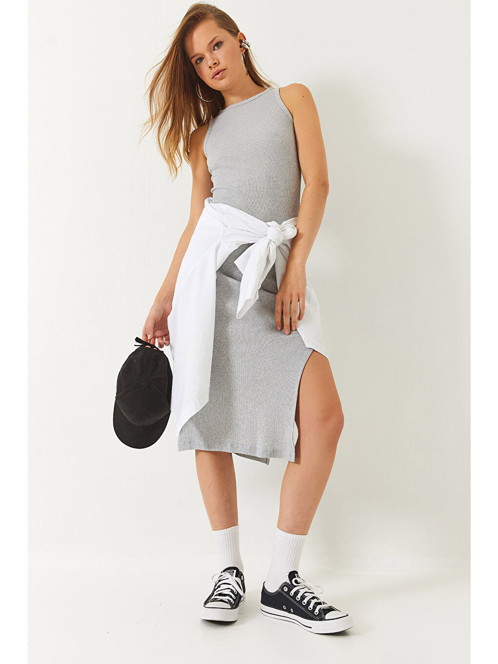 Gri Kadın Yırtmaç Detaylı Bisiklet Yaka Kaşkorse Elbise