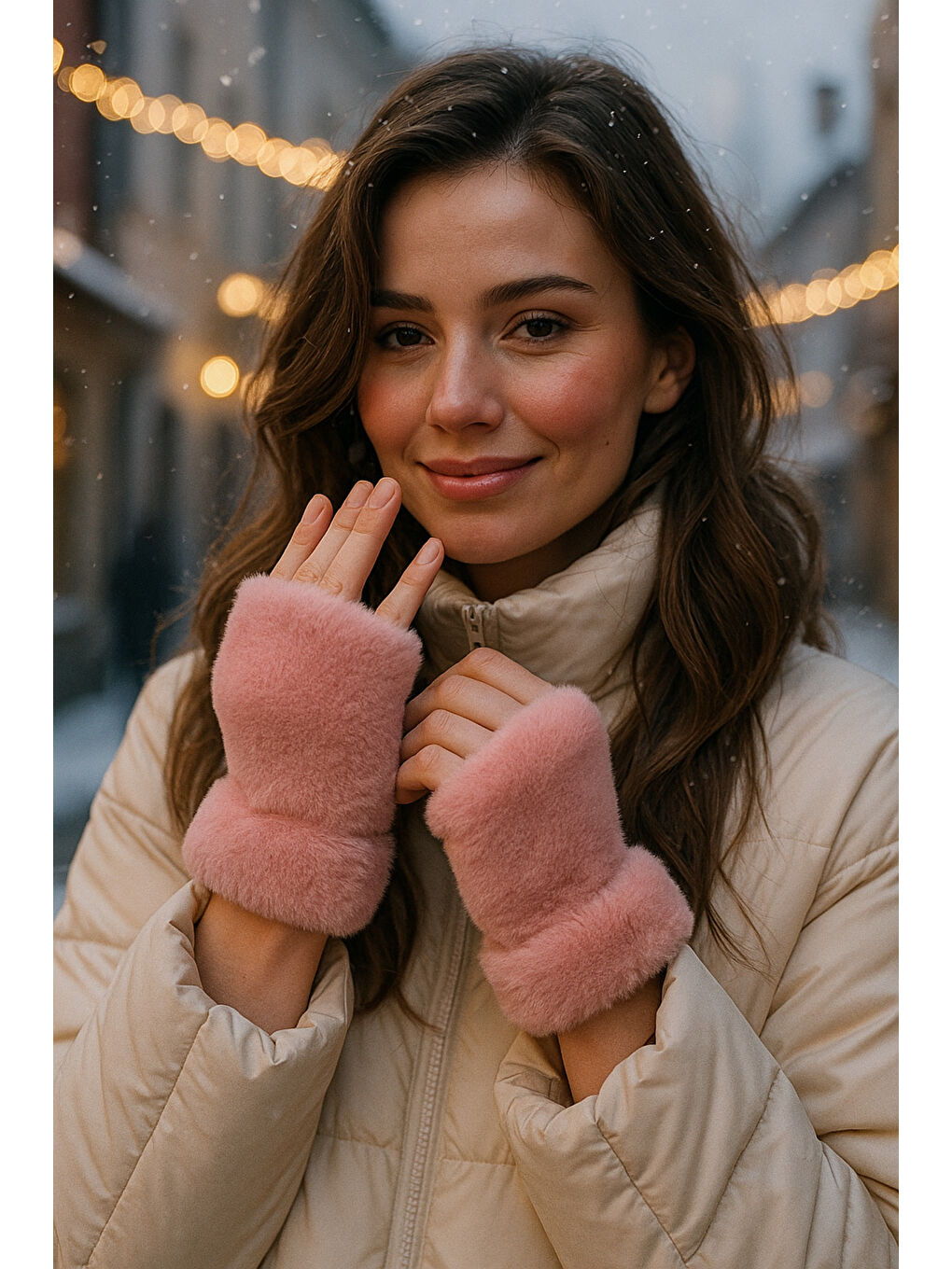 Pembe Kadın Pudra Kesik Pelüş Eldiven ELD33