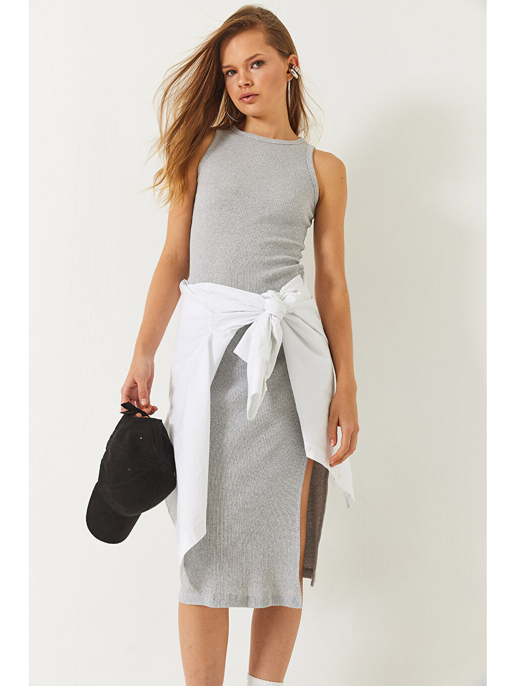 Gri Kadın Yırtmaç Detaylı Bisiklet Yaka Kaşkorse Elbise-2