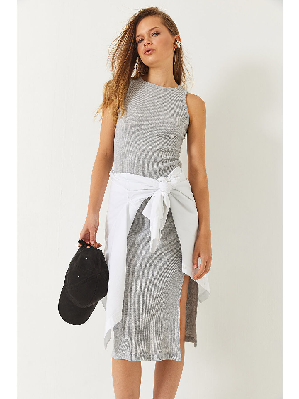 Gri Kadın Yırtmaç Detaylı Bisiklet Yaka Kaşkorse Elbise-3