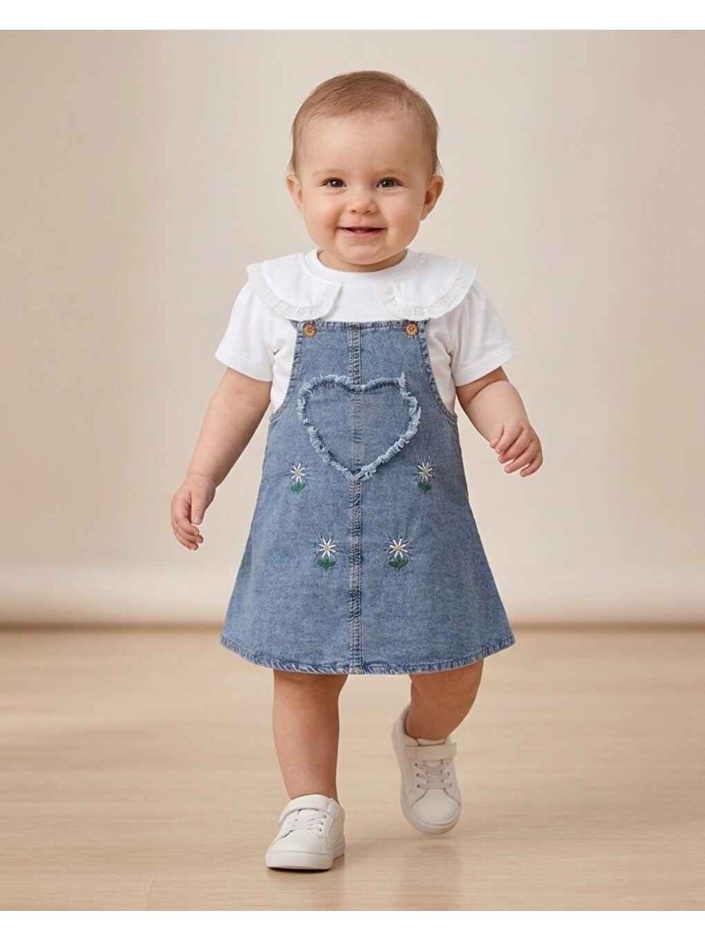 Beyaz Kız Bebek Yazlık Jean Jile Ve T-shirtlü 2'lü Takım, 6-9-12-18-24 Aylık Jean Elbise Bayramlık Takım