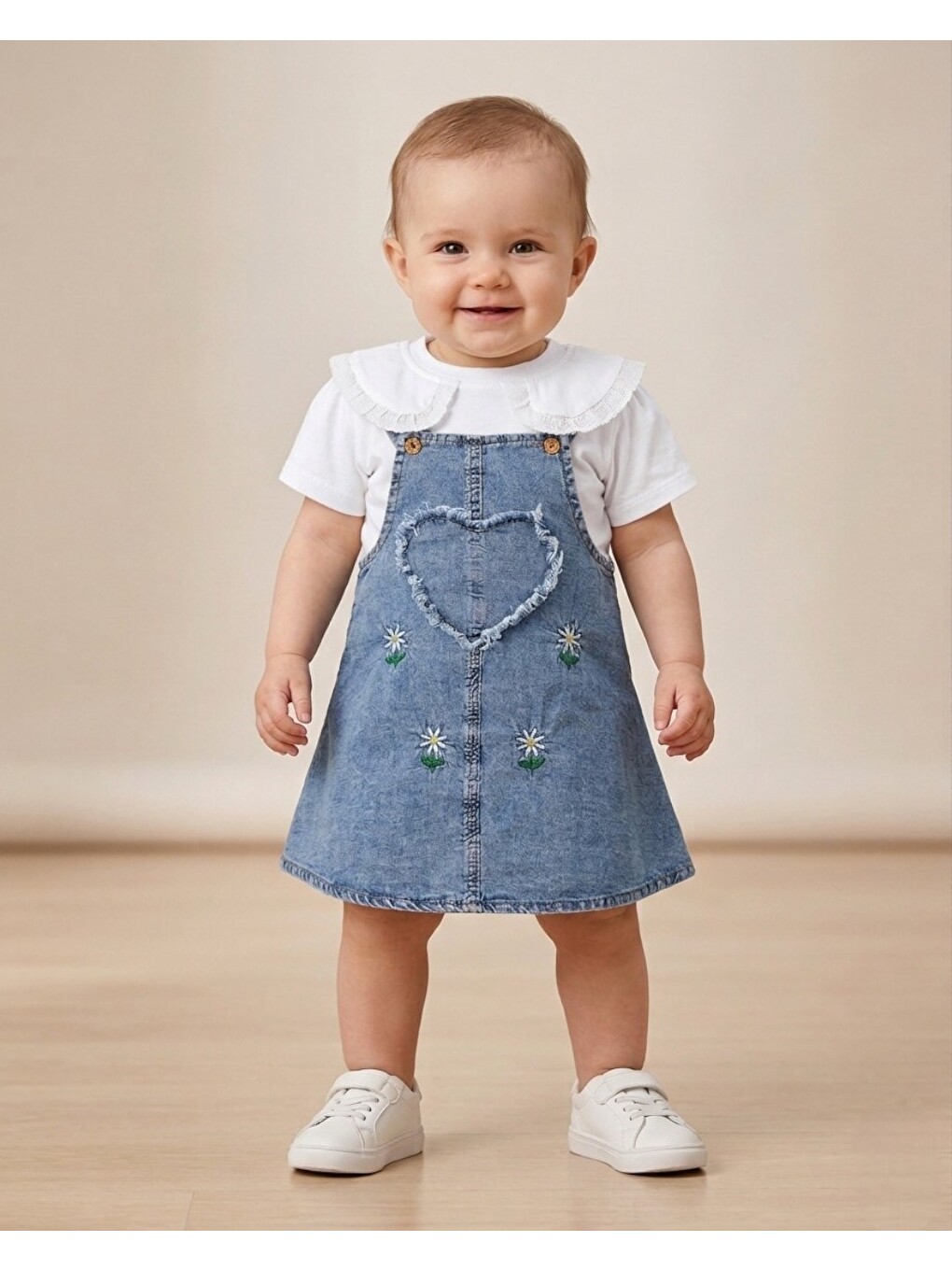 Beyaz Kız Bebek Yazlık Jean Jile Ve T-shirtlü 2'lü Takım, 6-9-12-18-24 Aylık Jean Elbise Bayramlık Takım-1