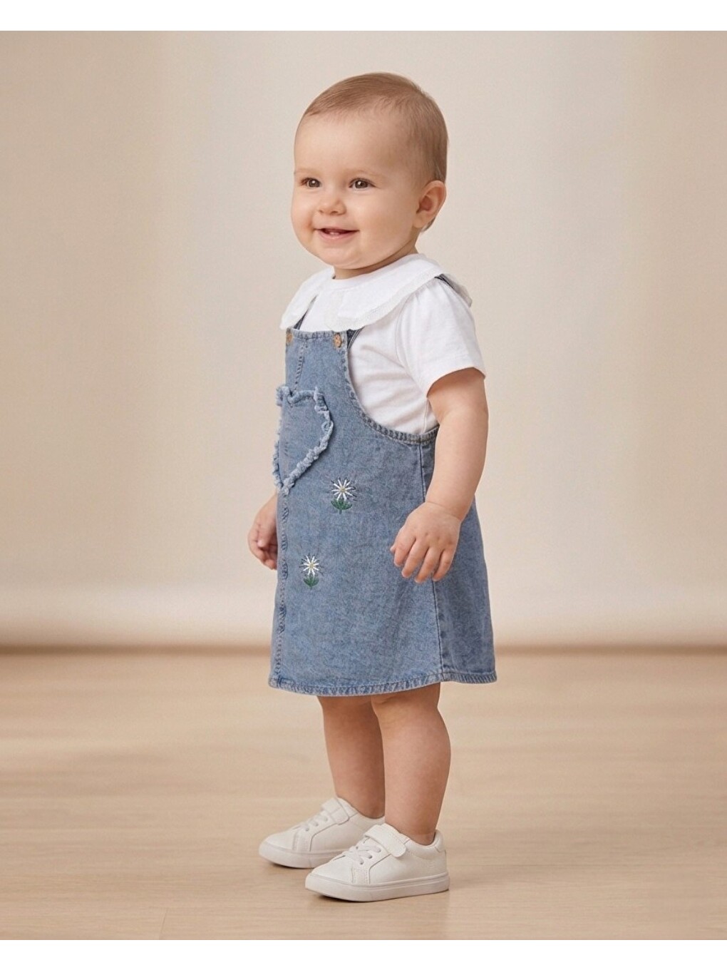 Beyaz Kız Bebek Yazlık Jean Jile Ve T-shirtlü 2'lü Takım, 6-9-12-18-24 Aylık Jean Elbise Bayramlık Takım-2