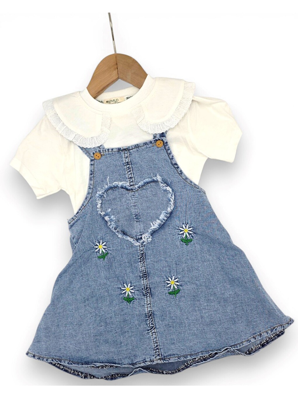 Beyaz Kız Bebek Yazlık Jean Jile Ve T-shirtlü 2'lü Takım, 6-9-12-18-24 Aylık Jean Elbise Bayramlık Takım-3