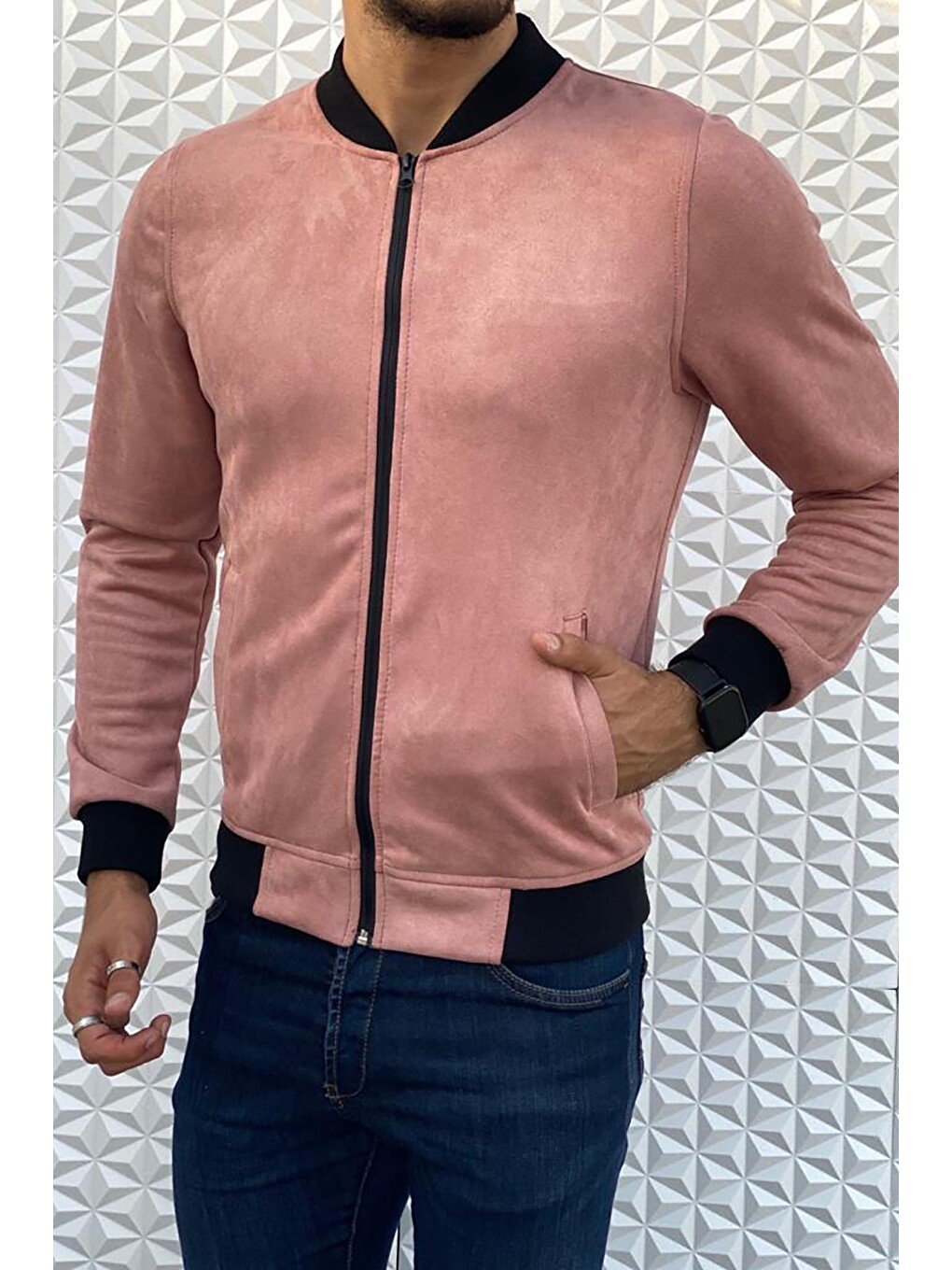 Pembe Eddy Extra Slim Fit Mevsimlik Erkek Süet Ceket-2