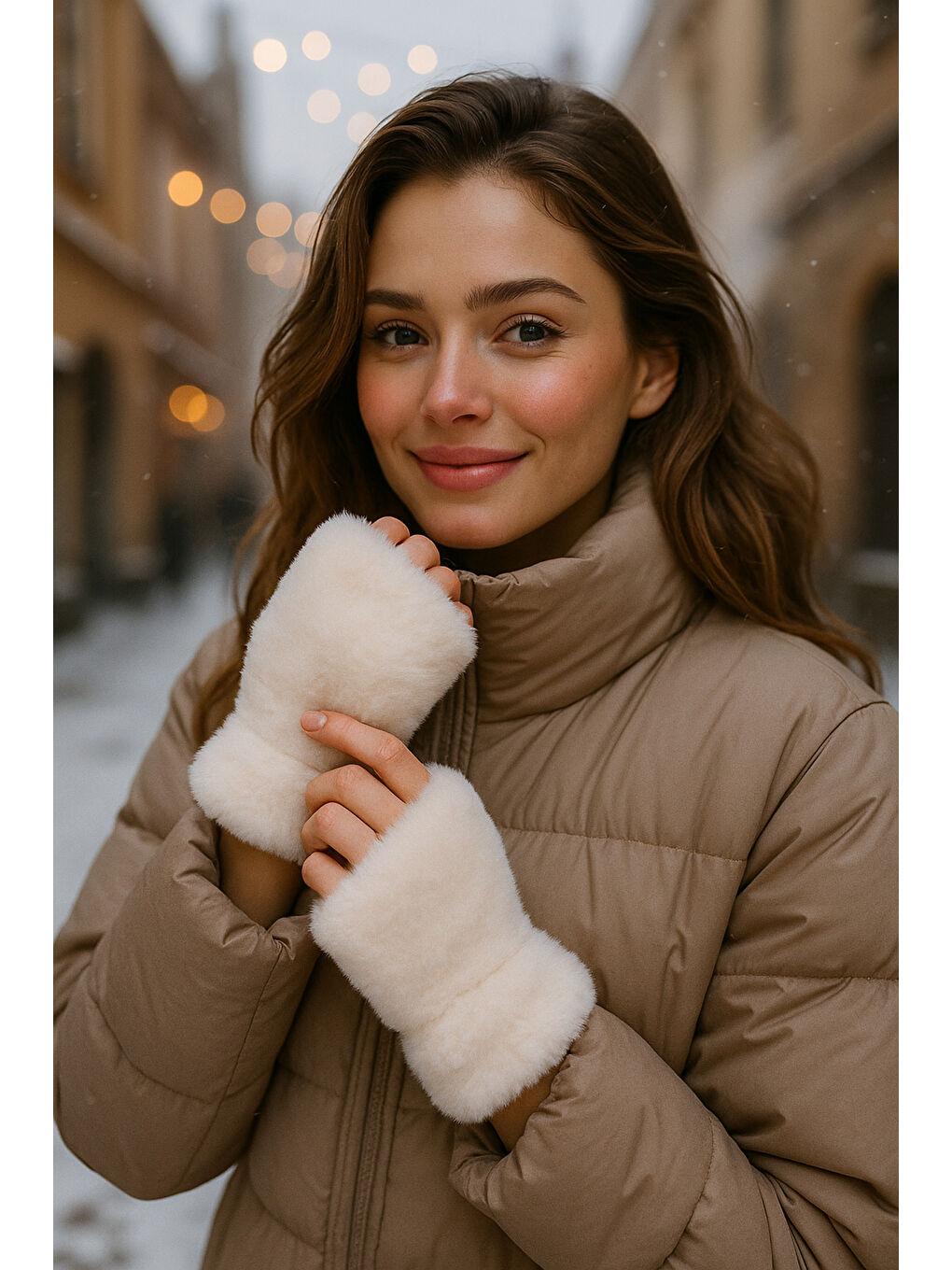 Kadın Ekru Kesik Pelüş Eldiven ELD33-1