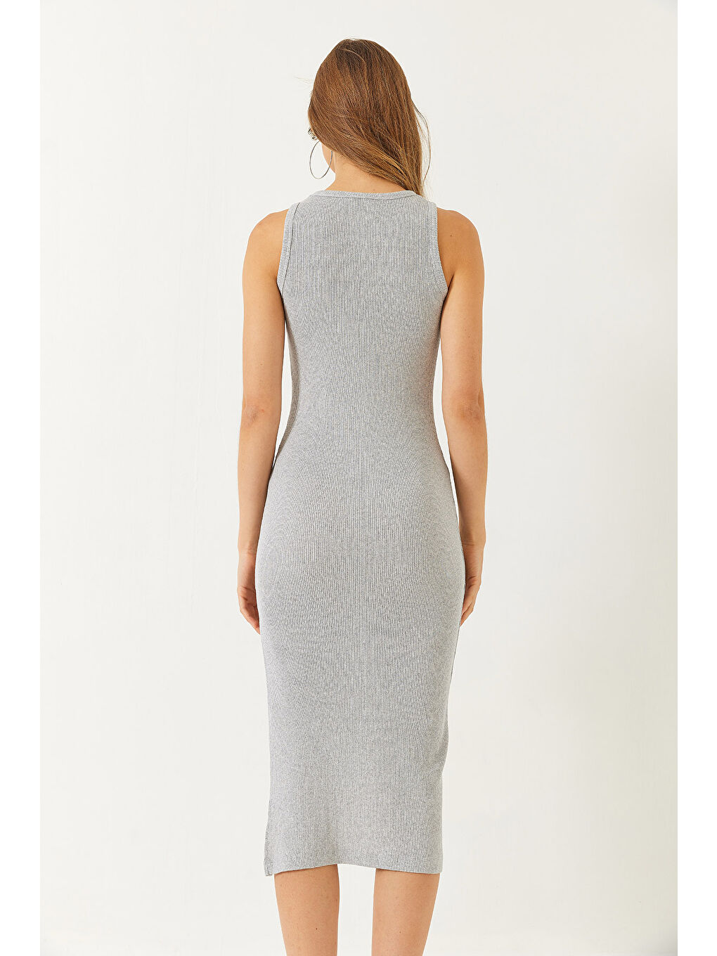 Gri Kadın Yırtmaç Detaylı Bisiklet Yaka Kaşkorse Elbise-6