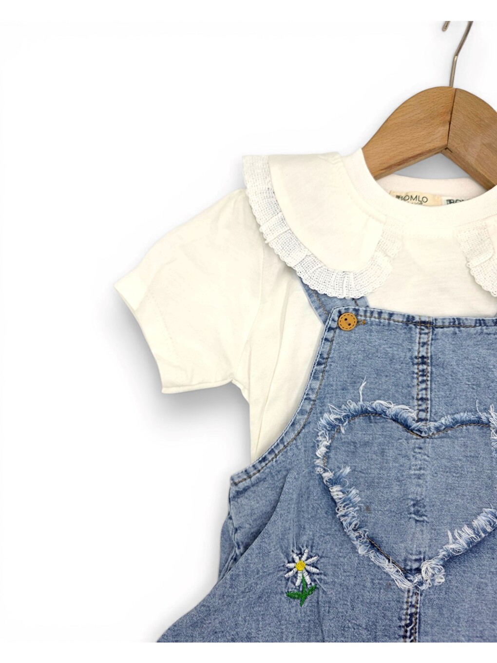 Beyaz Kız Bebek Yazlık Jean Jile Ve T-shirtlü 2'lü Takım, 6-9-12-18-24 Aylık Jean Elbise Bayramlık Takım-4