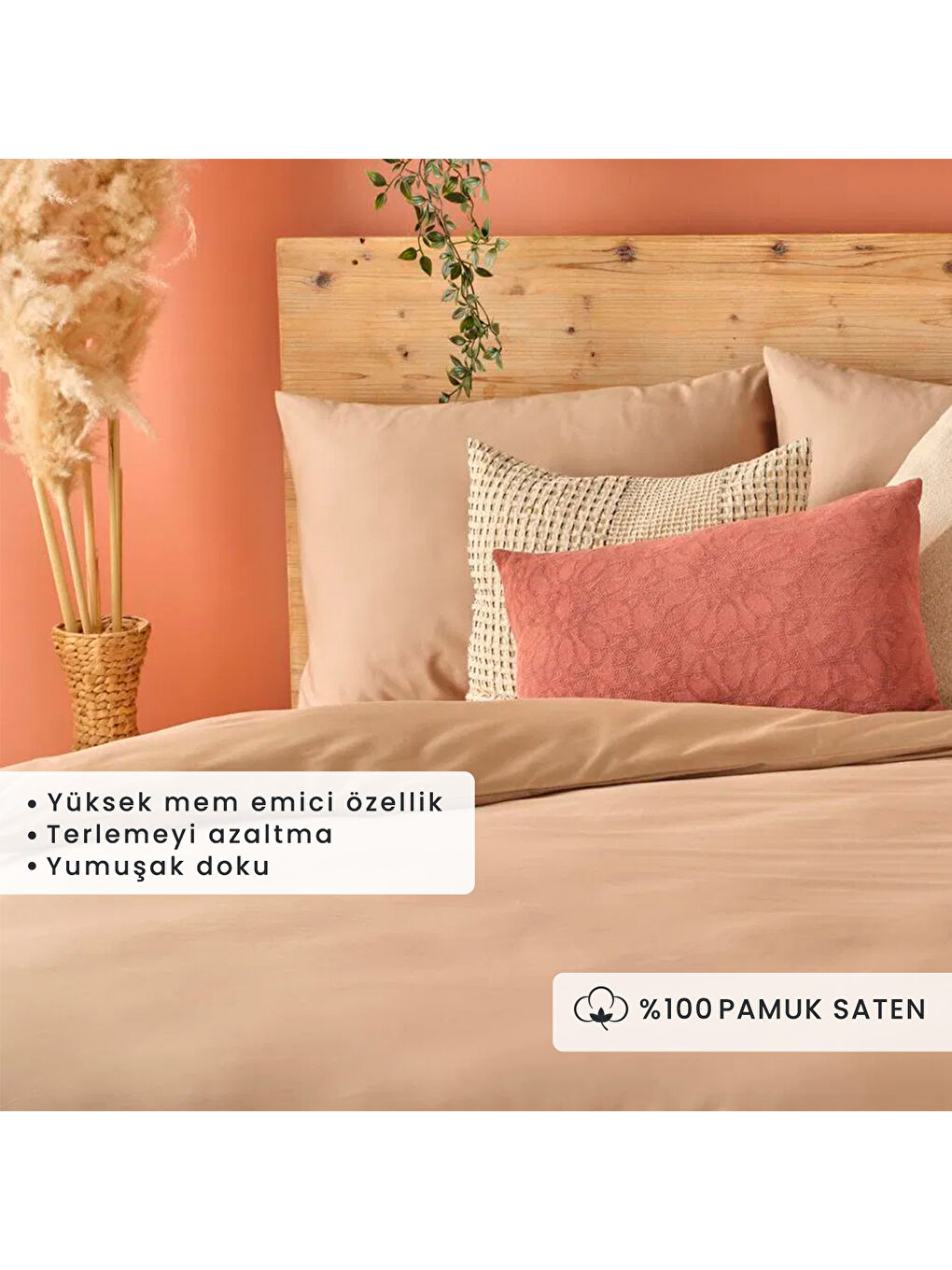 Bej %100 Pamuk Saten Supreme Basic Super King Size Nevresim Seti Vizon (260x240 cm)-1