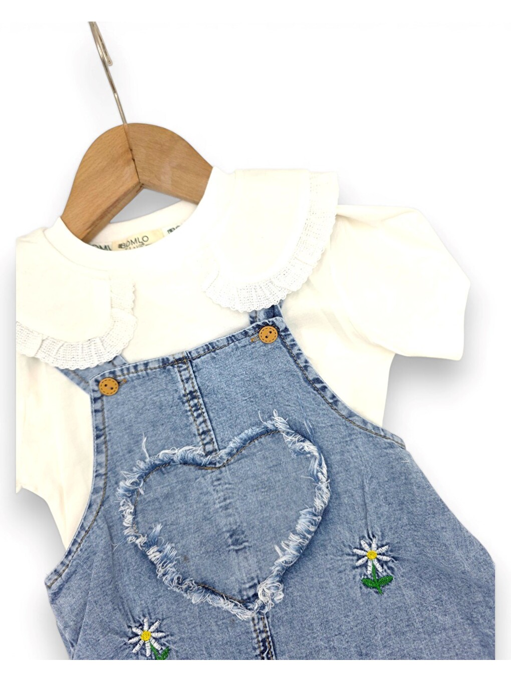 Beyaz Kız Bebek Yazlık Jean Jile Ve T-shirtlü 2'lü Takım, 6-9-12-18-24 Aylık Jean Elbise Bayramlık Takım-5