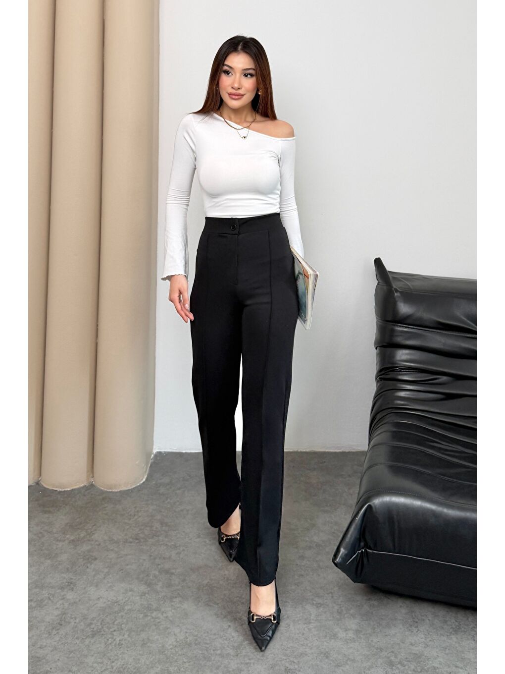 Kadın Yüksek Bel Düğmeli Fermuarlı Elastanlı Siyah Düz Rahat Nervürlü Palazzo Pantolon-1