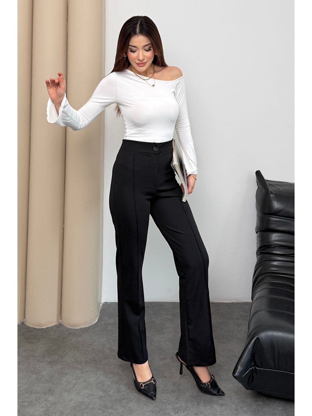 Kadın Yüksek Bel Düğmeli Fermuarlı Elastanlı Siyah Düz Rahat Nervürlü Palazzo Pantolon-2