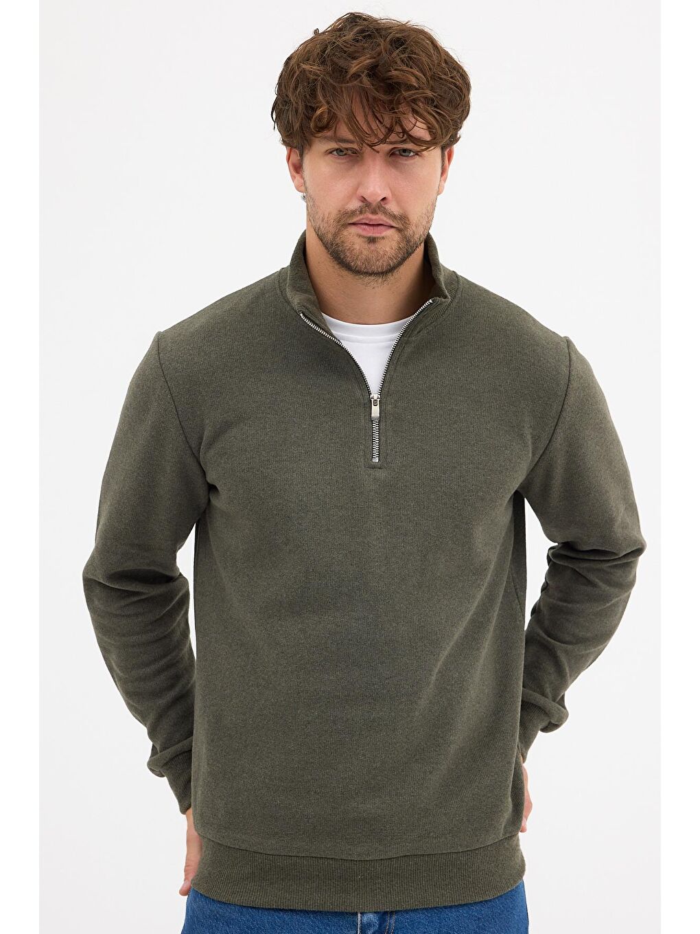 Erkek Haki Standart Fit Normal Kesim Pamuklu Yarım Fermuarlı Dik Yaka Pamuklu Sweatshirt