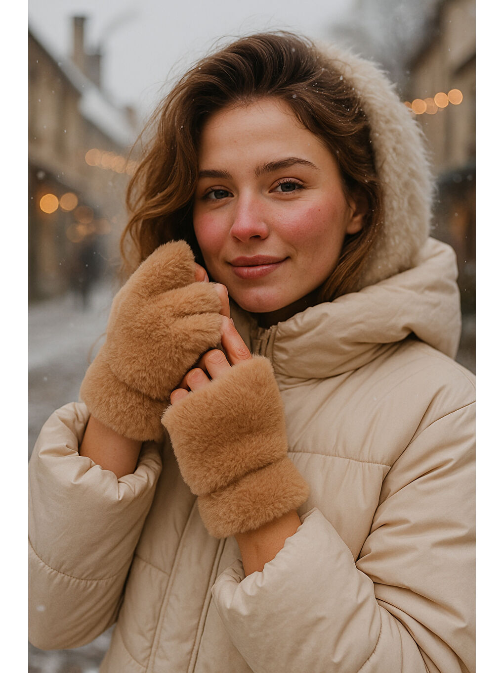 Kahverengi Kadın Camel Kesik Pelüş Eldiven ELD33-1