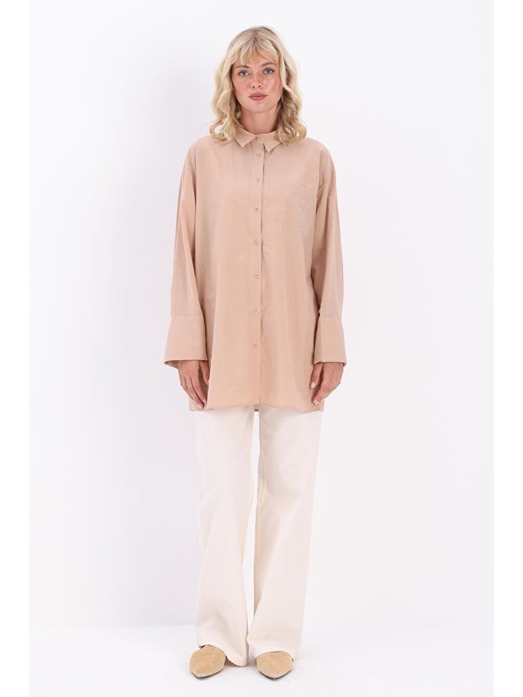 Bej-Pamuklu Taşlı Gömlek Tunik-1