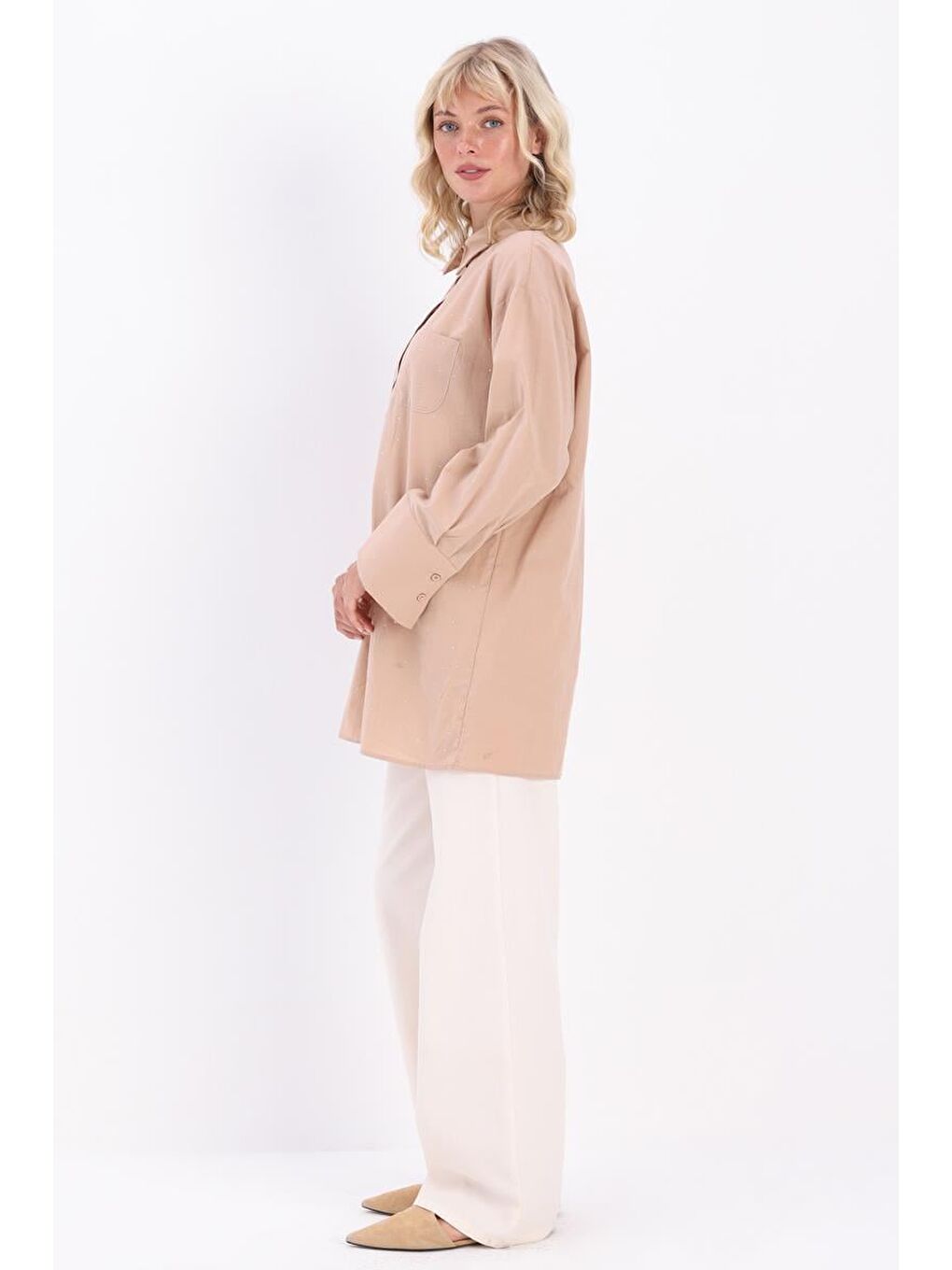 Bej-Pamuklu Taşlı Gömlek Tunik-2