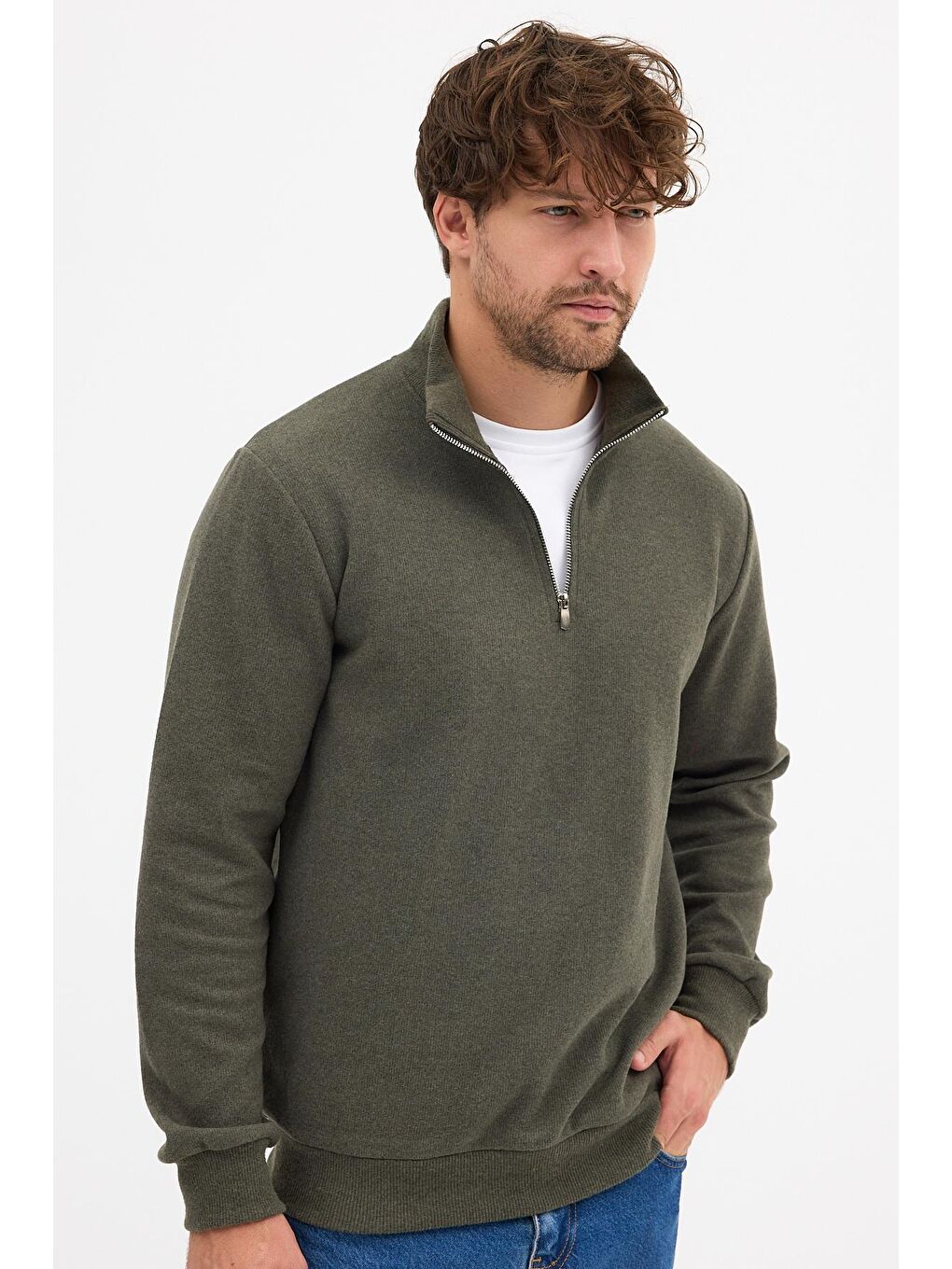 Erkek Haki Standart Fit Normal Kesim Pamuklu Yarım Fermuarlı Dik Yaka Pamuklu Sweatshirt-2