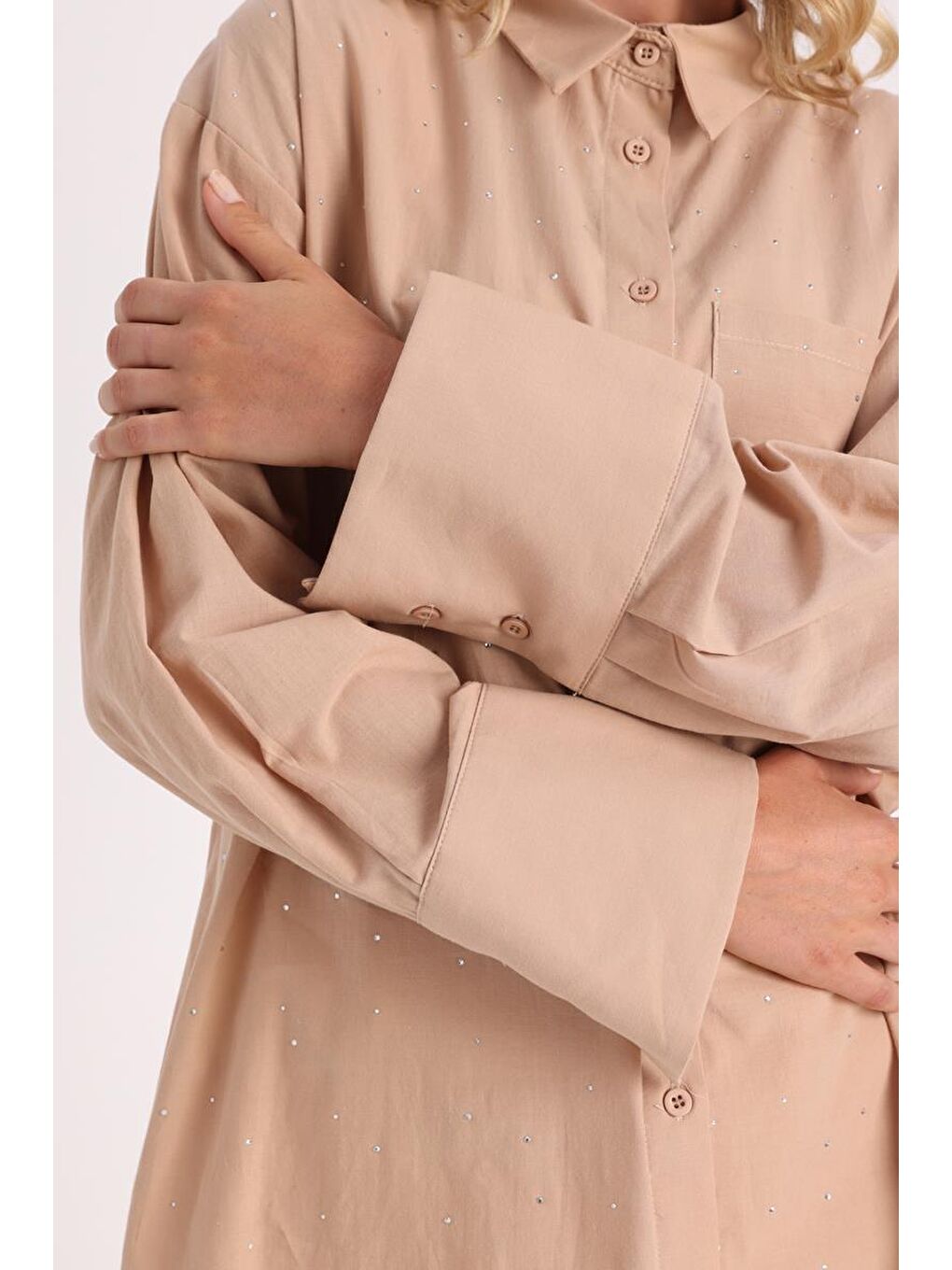 Bej-Pamuklu Taşlı Gömlek Tunik-4