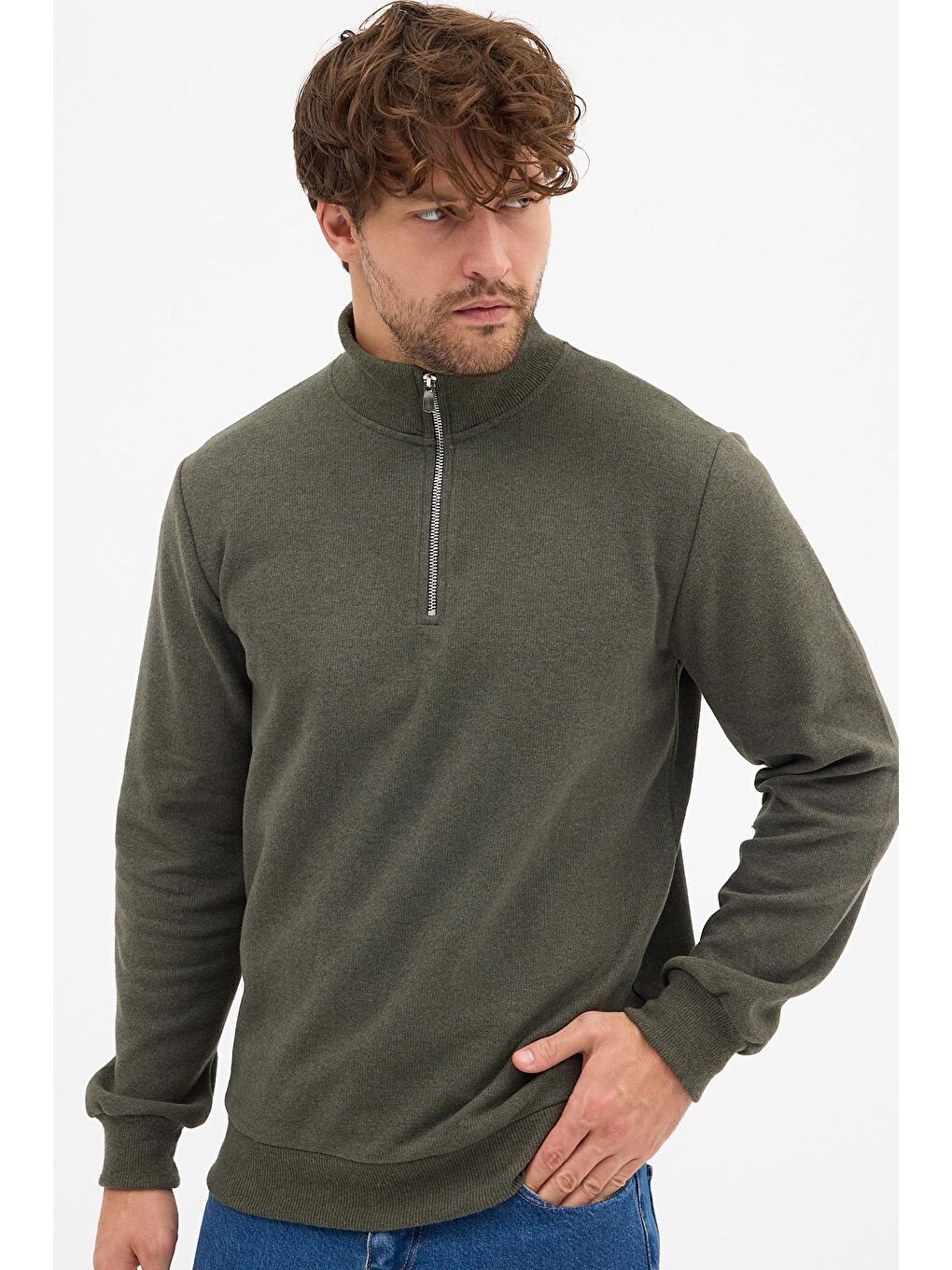 Erkek Haki Standart Fit Normal Kesim Pamuklu Yarım Fermuarlı Dik Yaka Pamuklu Sweatshirt-3