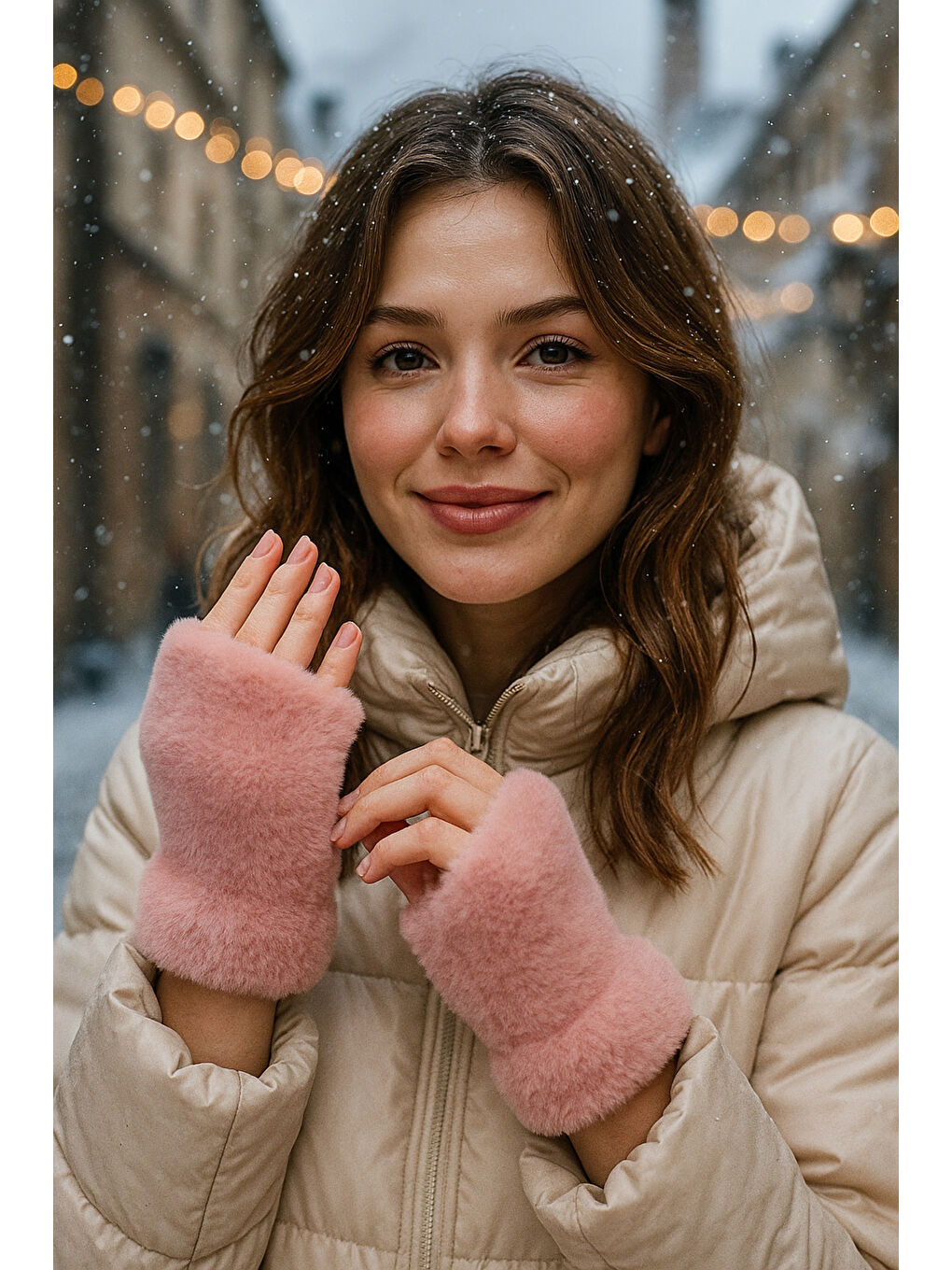 Pembe Kadın Pudra Kesik Pelüş Eldiven ELD33-1