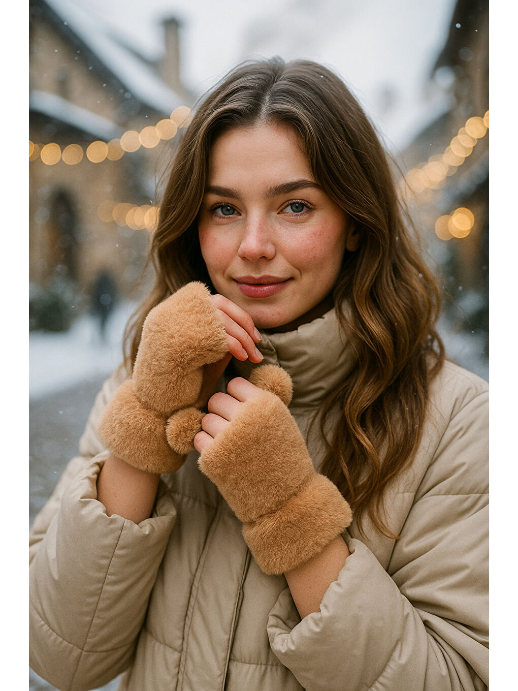 Kahverengi Kadın Camel Kesik Pelüş Eldiven ELD33-2