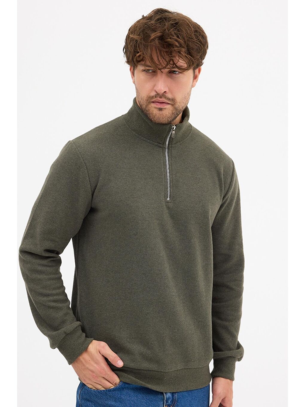 Erkek Haki Standart Fit Normal Kesim Pamuklu Yarım Fermuarlı Dik Yaka Pamuklu Sweatshirt-4