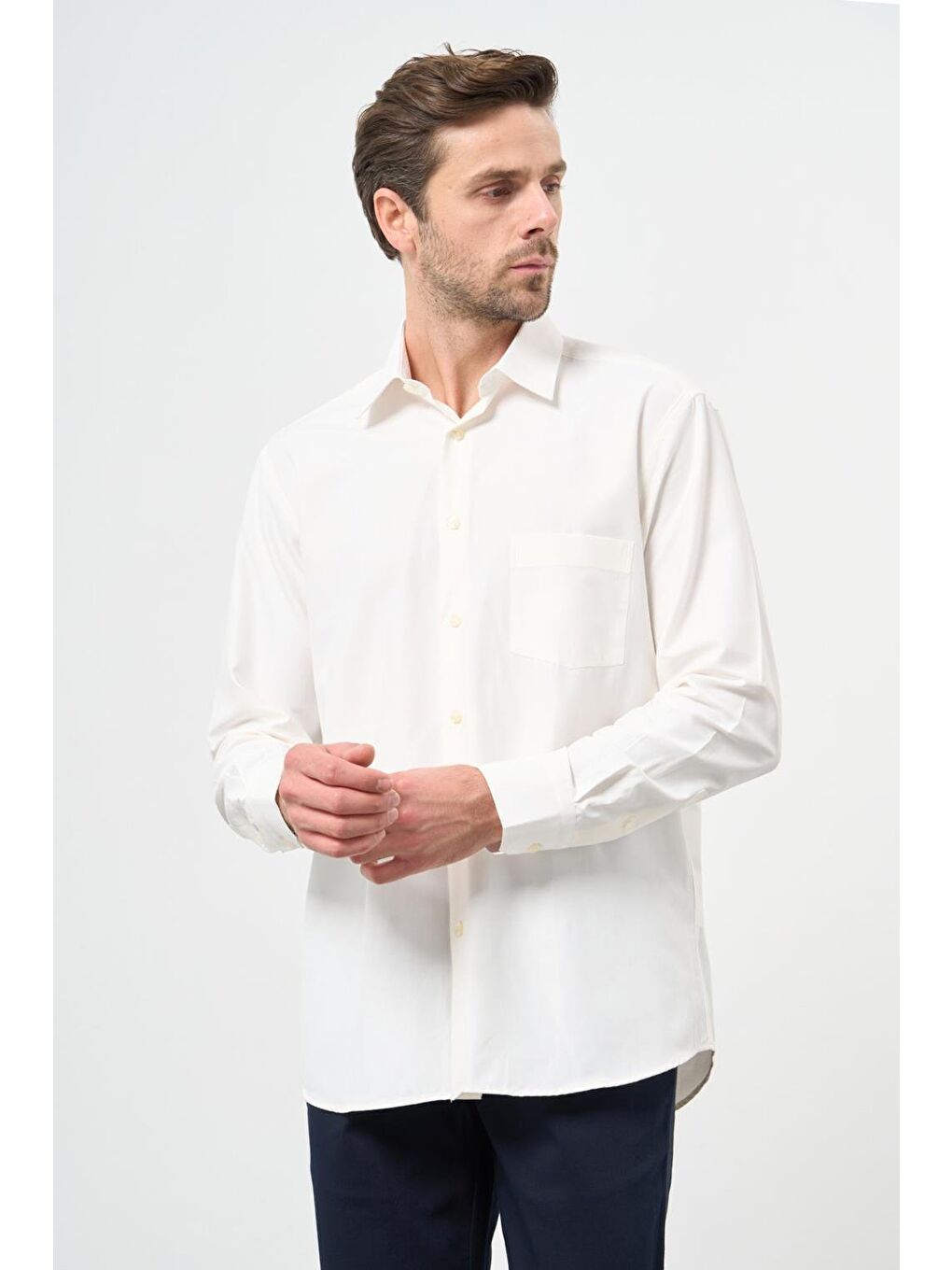 Kahverengi Açık Krem Uzun Kol Düz Sert Yaka Pamuklu Classic Comfort Fit Gömlek 1004245269