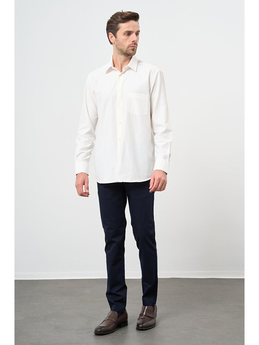 Kahverengi Açık Krem Uzun Kol Düz Sert Yaka Pamuklu Classic Comfort Fit Gömlek 1004245269-1