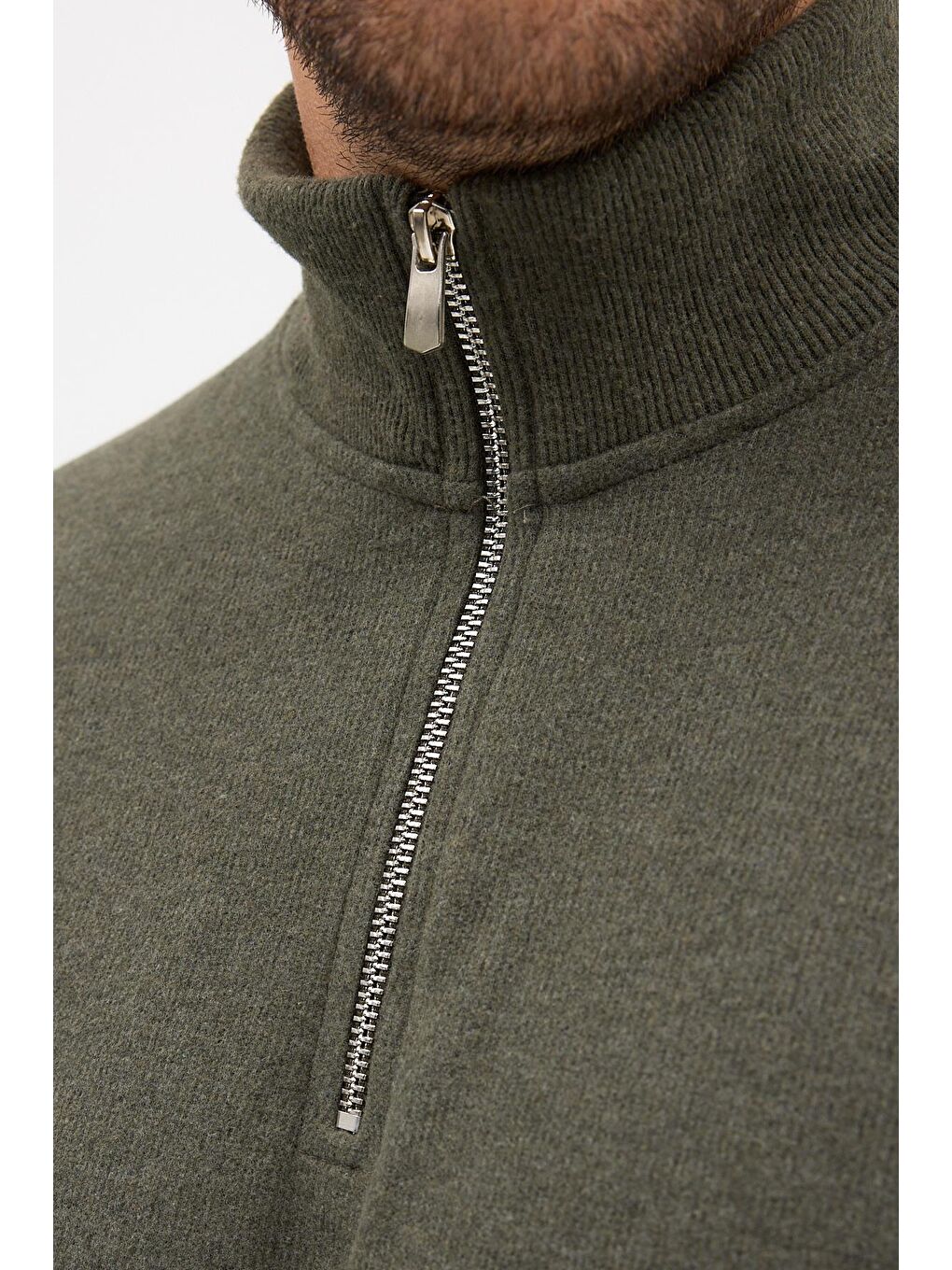 Erkek Haki Standart Fit Normal Kesim Pamuklu Yarım Fermuarlı Dik Yaka Pamuklu Sweatshirt-5