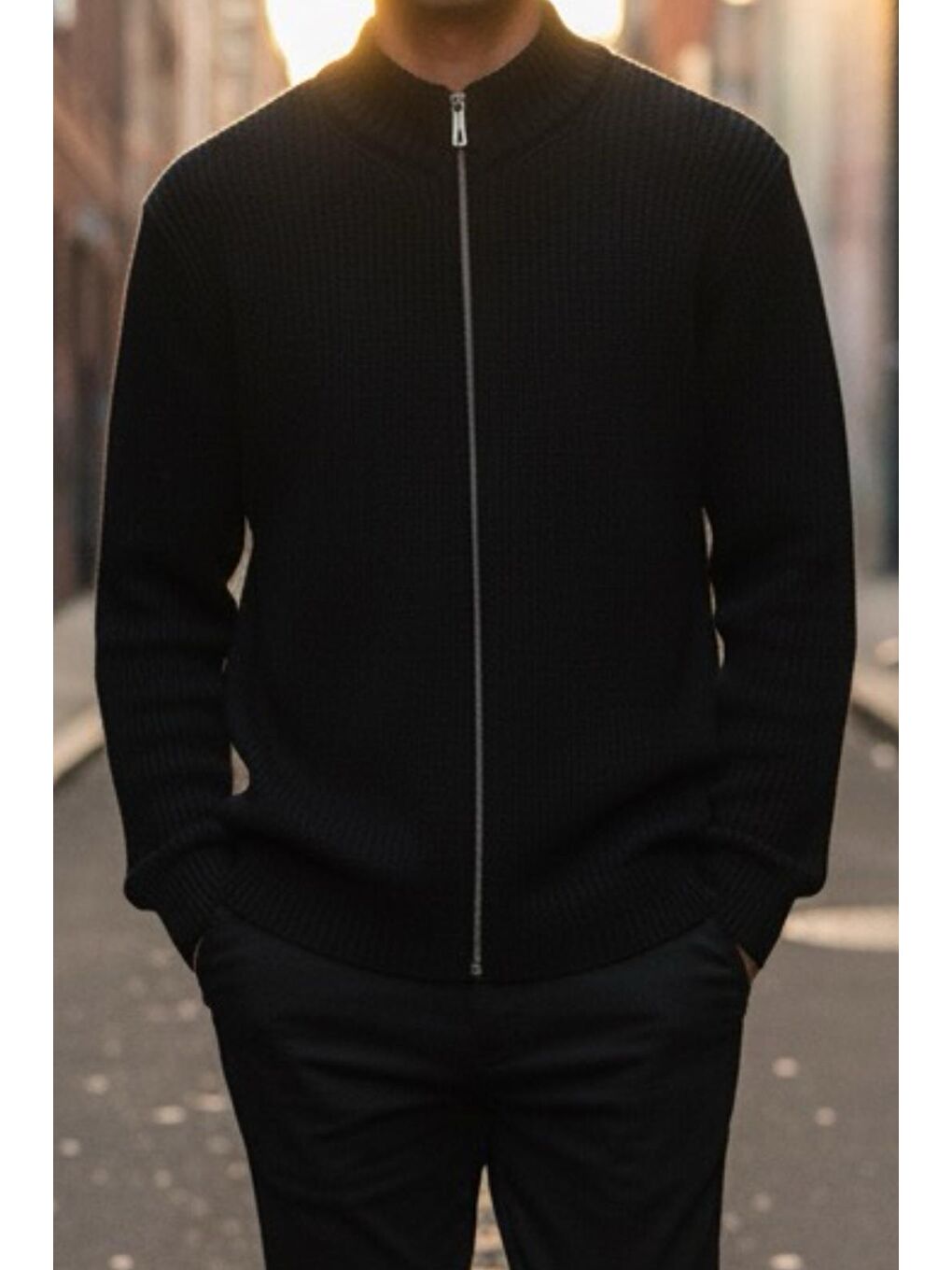 Siyah Loken Tam Fermuarlı Dik Yaka Kalın Erkek Hırka-1