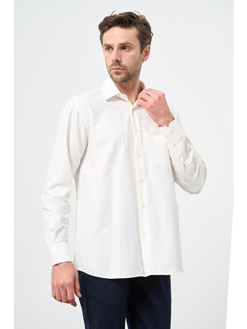 Kahverengi Açık Krem Uzun Kol Düz Sert Yaka Pamuklu Classic Comfort Fit Gömlek 1004245269-2