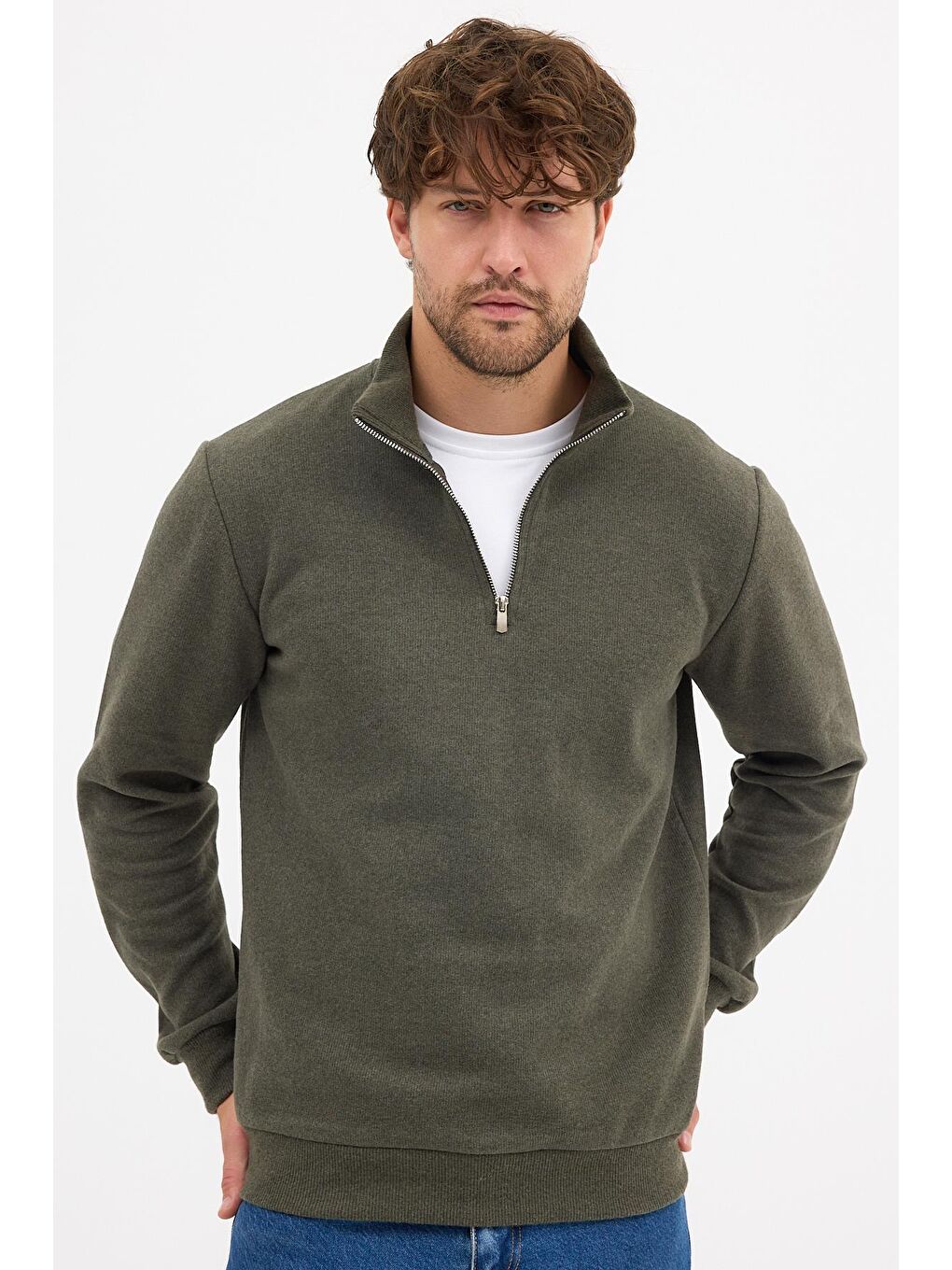 Erkek Haki Standart Fit Normal Kesim Pamuklu Yarım Fermuarlı Dik Yaka Pamuklu Sweatshirt-6