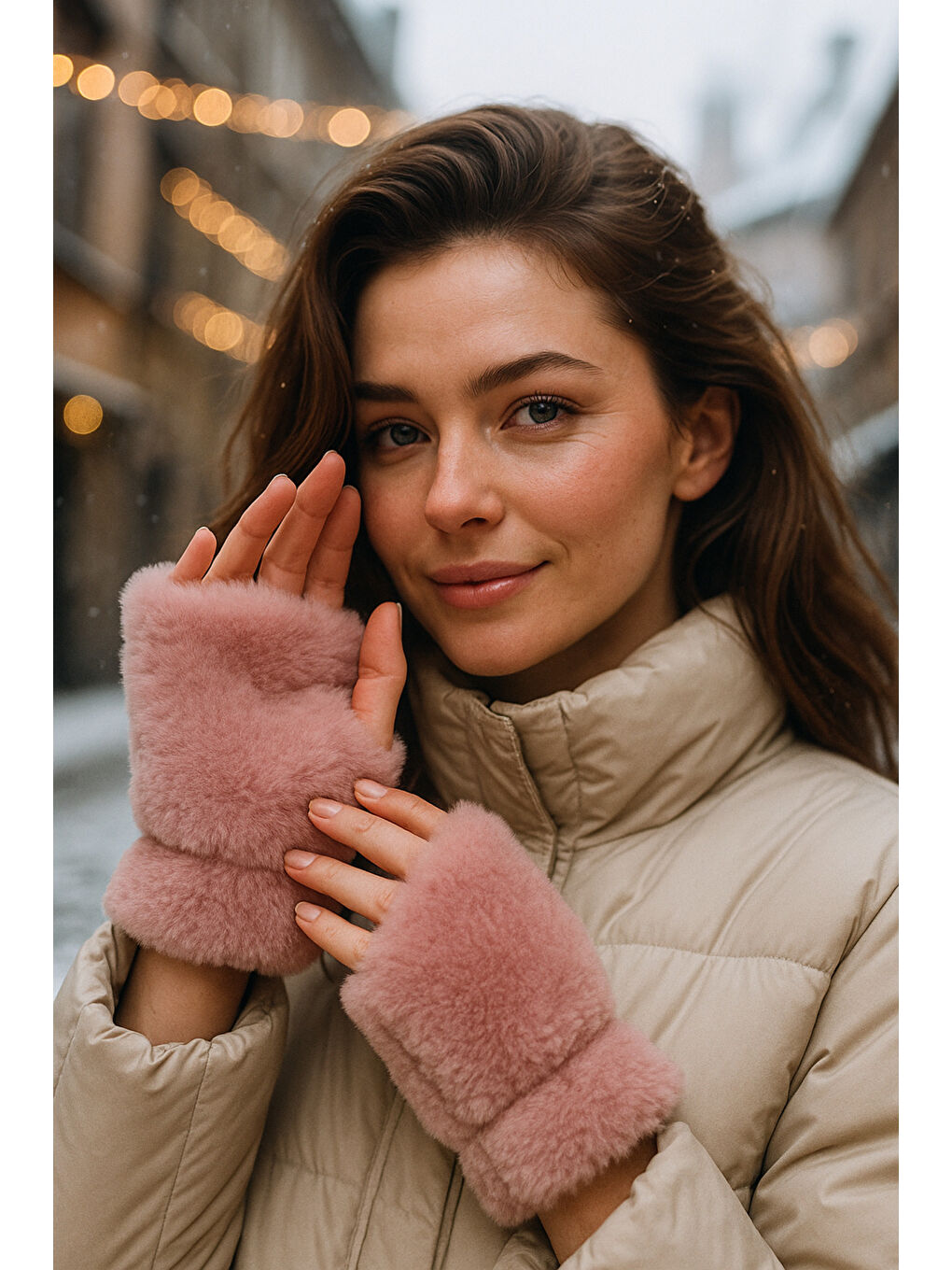 Pembe Kadın Pudra Kesik Pelüş Eldiven ELD33-2