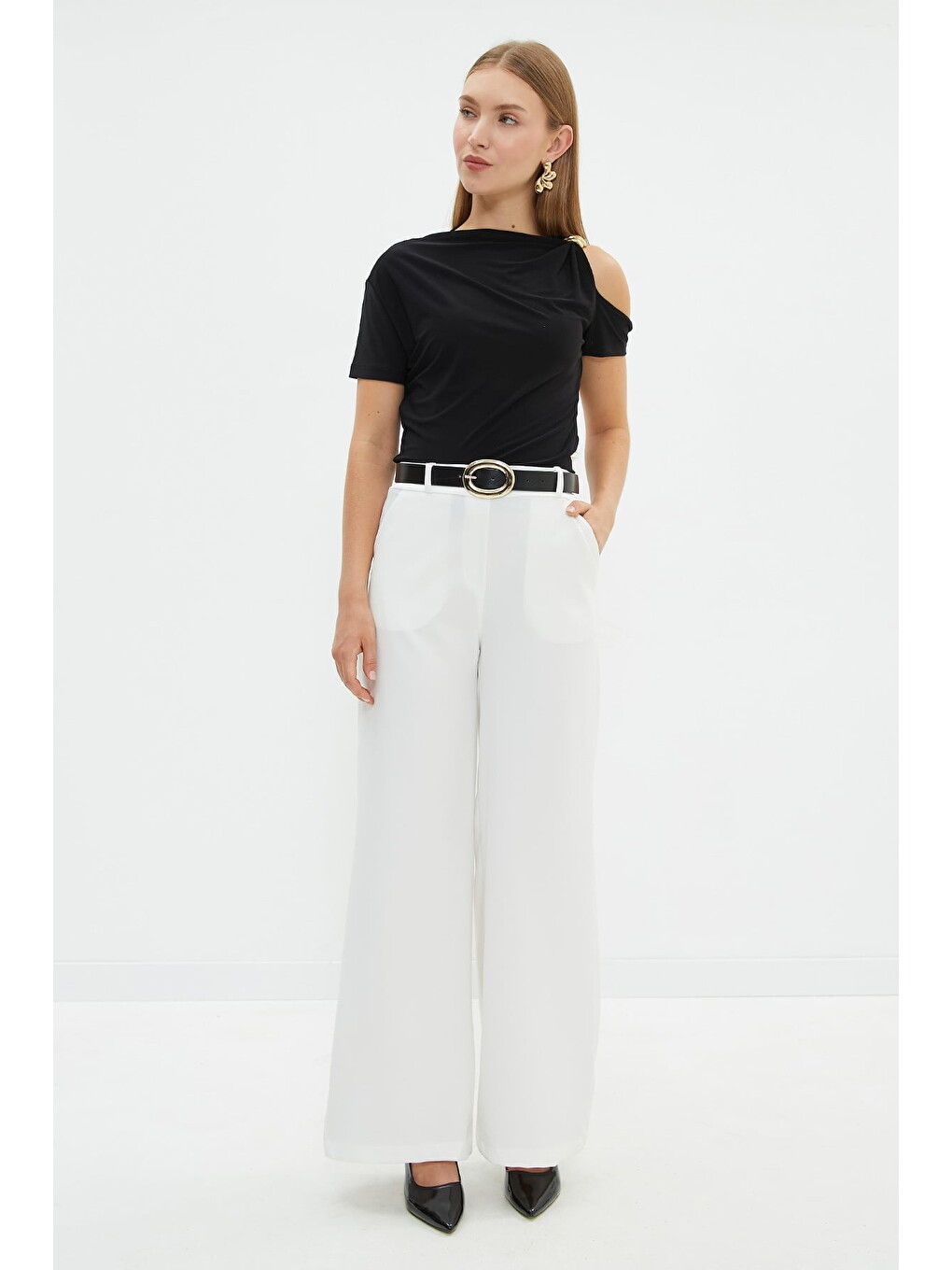 Beyaz Beli Lastikli Palazzo Kumaş Pantolon-2