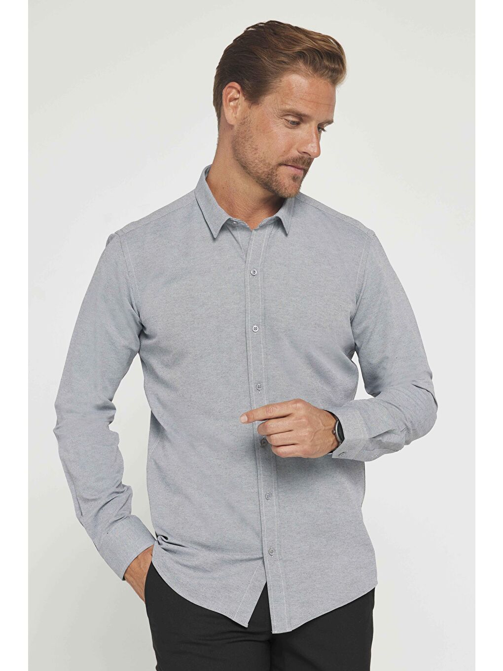 Gri Modern Slim Fit Pamuklu Kolay Ütü Armürlü Erkek Gömlek