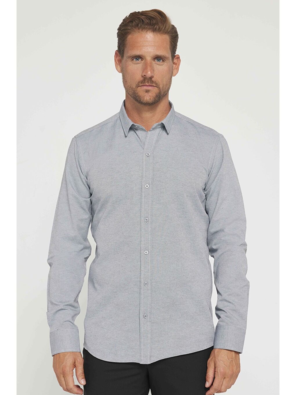 Gri Modern Slim Fit Pamuklu Kolay Ütü Armürlü Erkek Gömlek-1