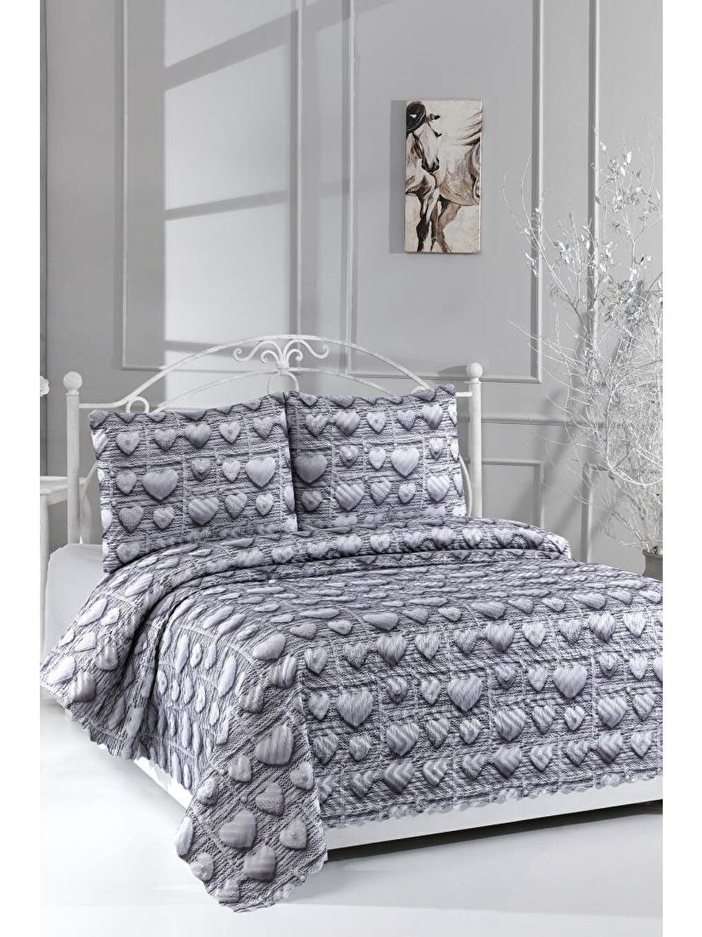 Kalpten Ultrasonik Kapitoneli 5D Baskılı Çift Kişilik Yatak Örtüsü Gri