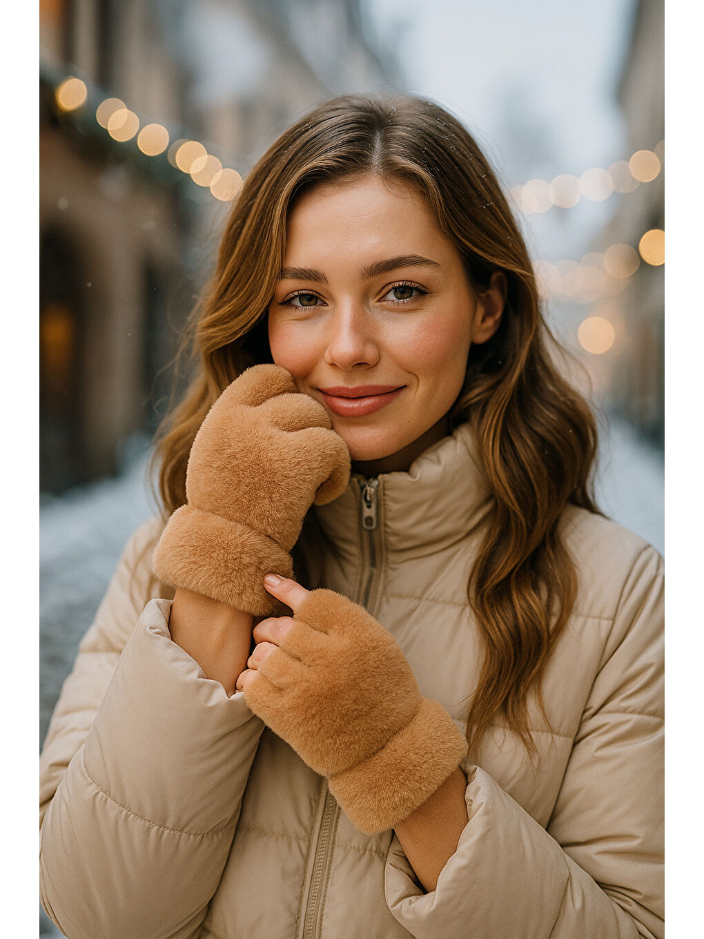 Kahverengi Kadın Camel Kesik Pelüş Eldiven ELD33-4