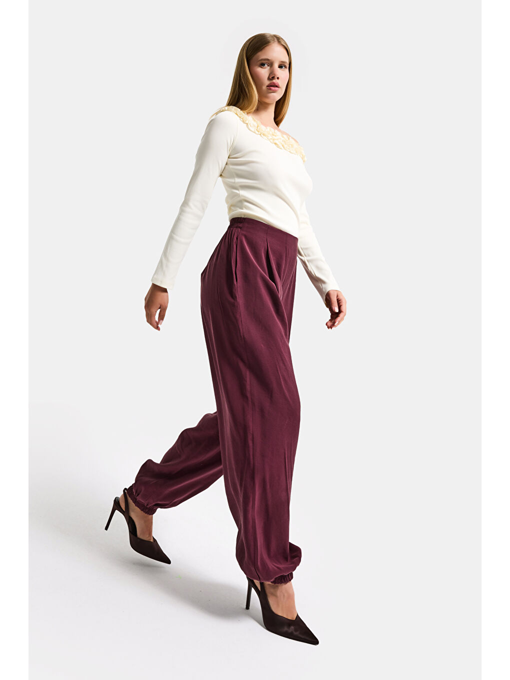 Kadın Bordo s6-35 Baggy Jogger Bol Kesim Pantolon-1