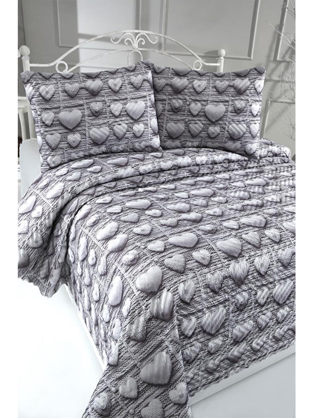 Kalpten Ultrasonik Kapitoneli 5D Baskılı Çift Kişilik Yatak Örtüsü Gri-1