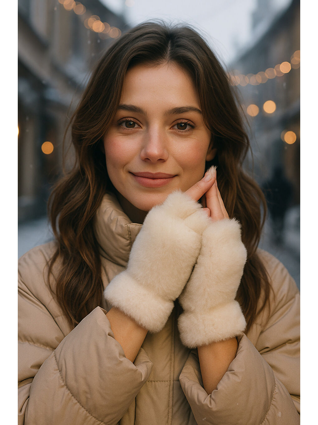 Kadın Ekru Kesik Pelüş Eldiven ELD33-3