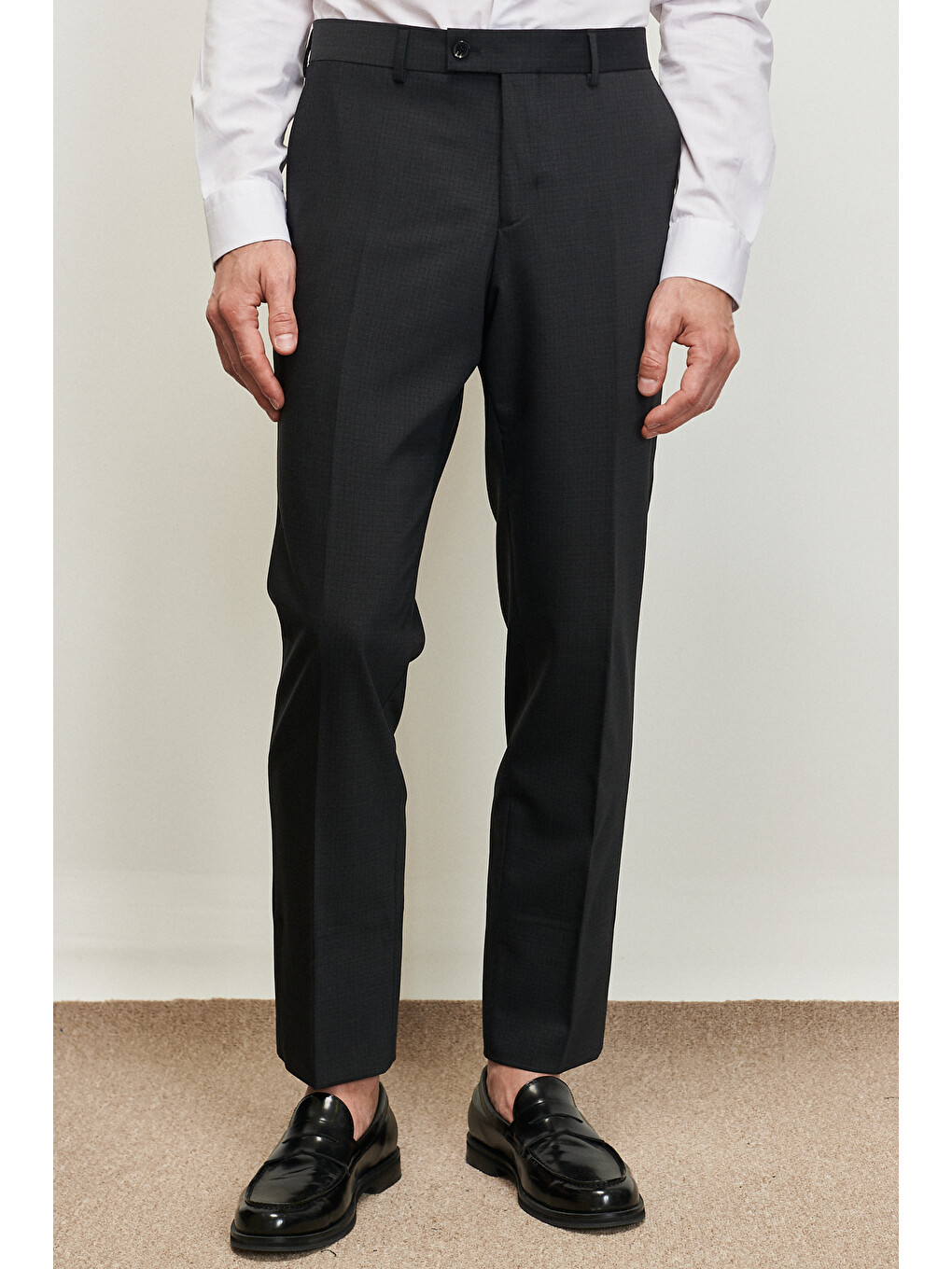 Erkek Antrasit Slim Fit Dar Kesim Mono Yaka Kareli Yünlü Takım Elbise-1